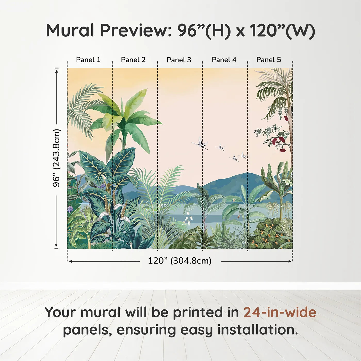 Whimsy Tots Tropical Sunset Wall Muraldimension view (96" H x 120" W). Printed in five 24-inch-wide panels. Gender-Neutral