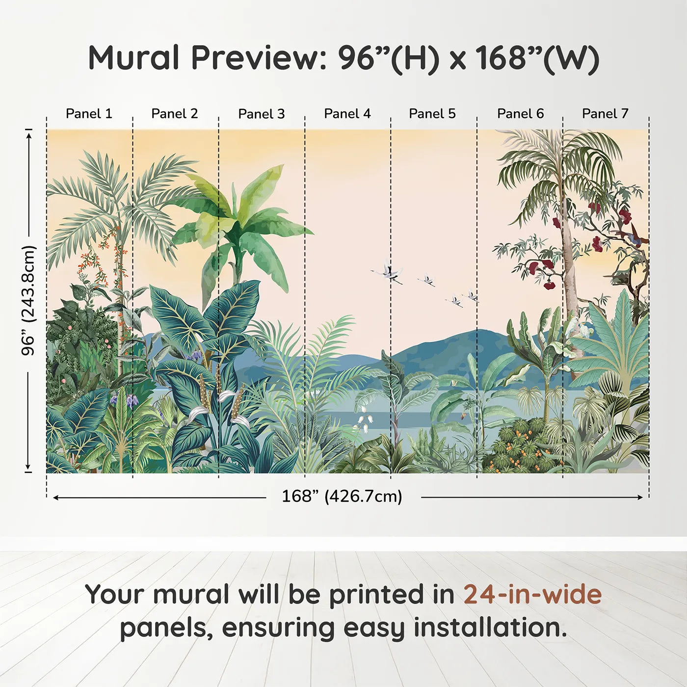 Whimsy Tots Tropical Sunset Wall Muraldimension view (96" H x 168" W). Printed in seven 24-inch-wide panels. Gender-Neutral