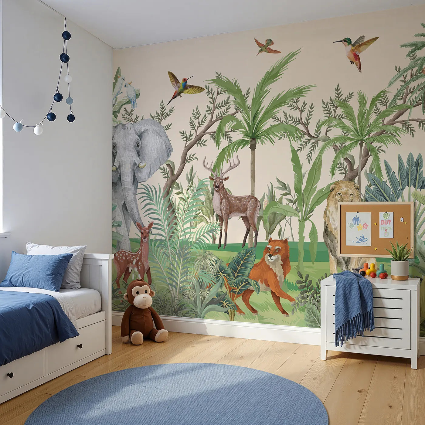 Angled view of Whimsy Tots' Jungle Gathering Wall Mural (Turn Their Room into a Majestic, Lifelike Safari).Gender-Neutral
