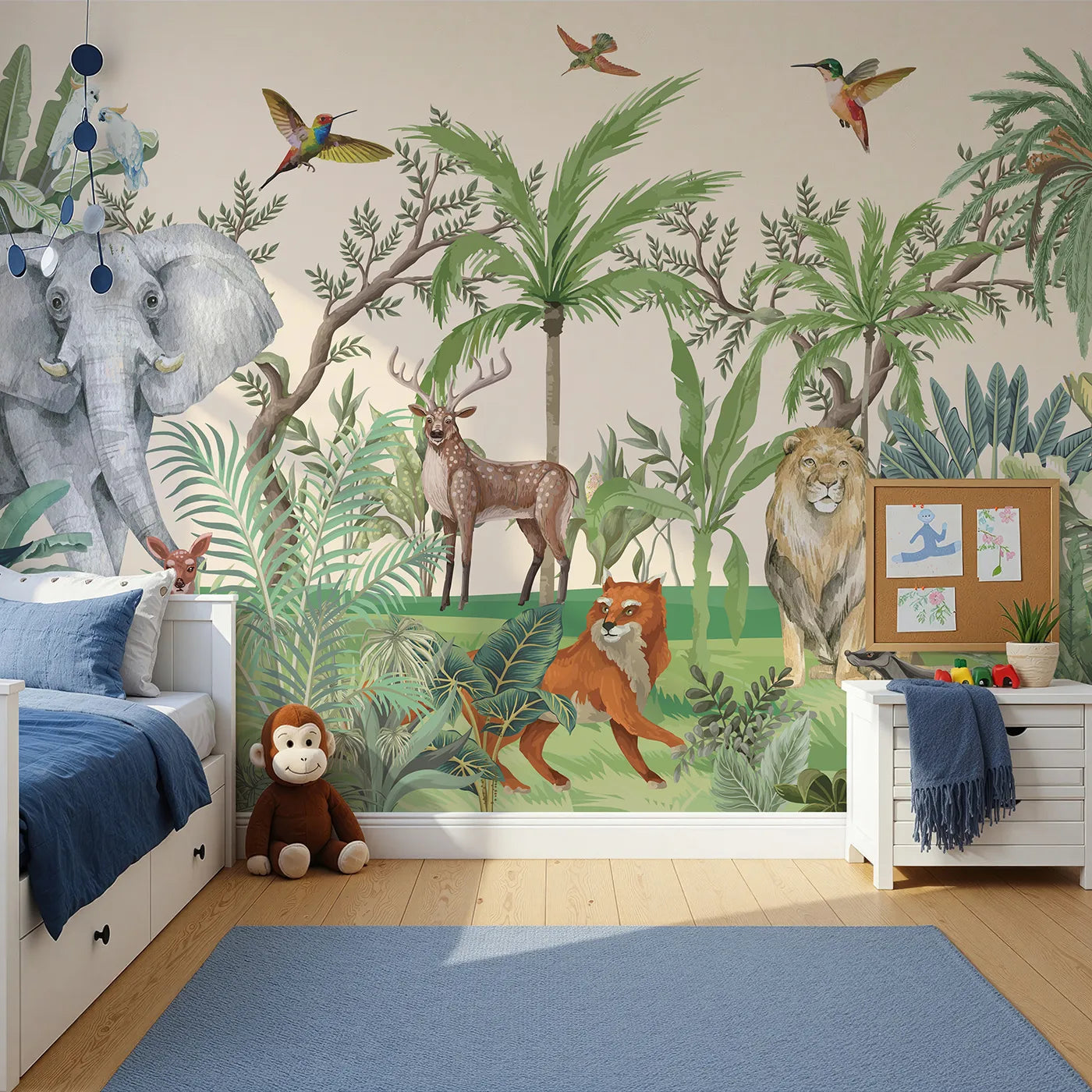 Front view of Whimsy Tots' Jungle Gathering Wall Mural