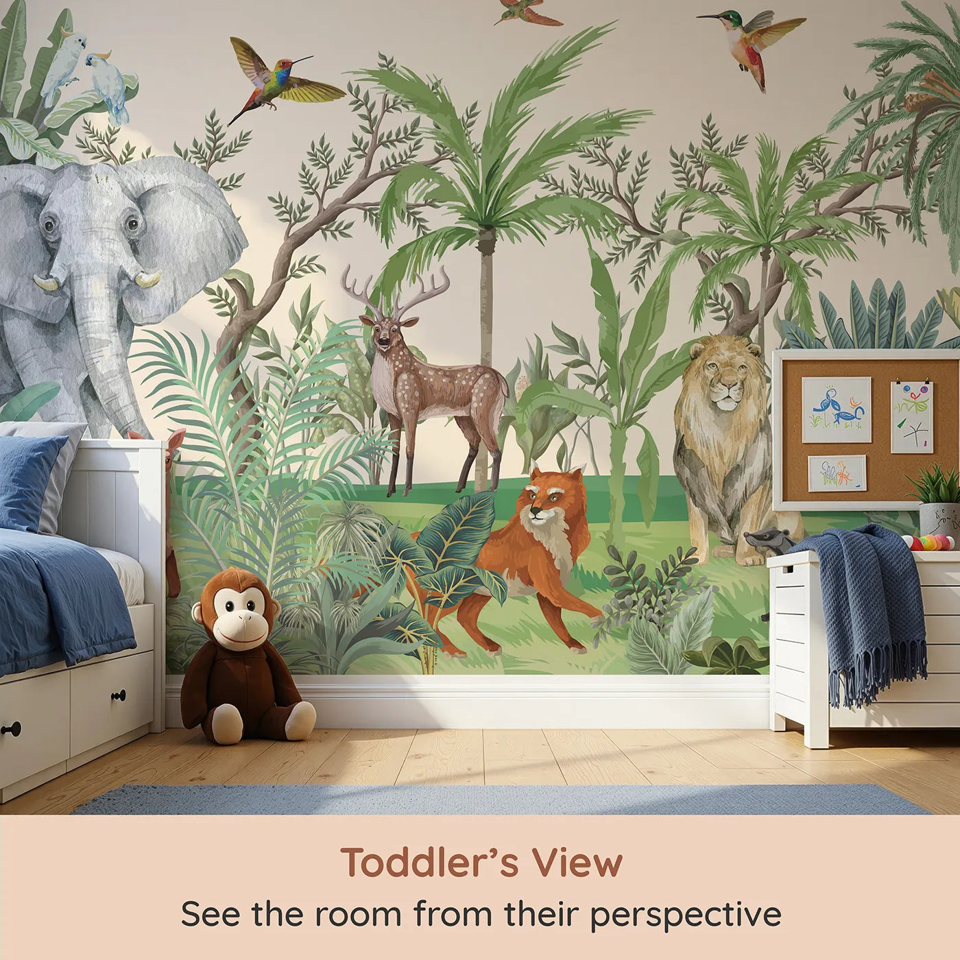 Whimsy Tots Jungle Gathering Wall Mural (Turn Their Room into a Majestic, Lifelike Safari) from your child's view.Gender-Neutral