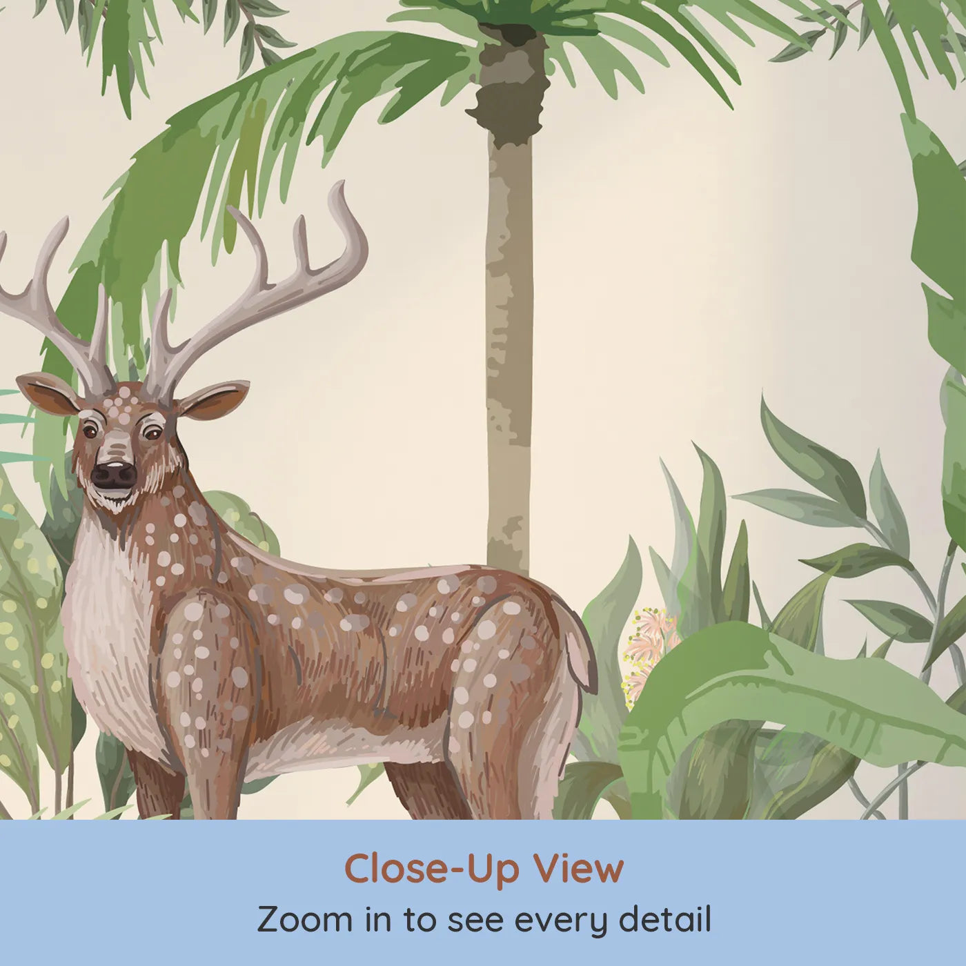 Close-up view of Whimsy Tots' Jungle Gathering Wall Mural (Turn Their Room into a Majestic, Lifelike Safari).Gender-Neutral
