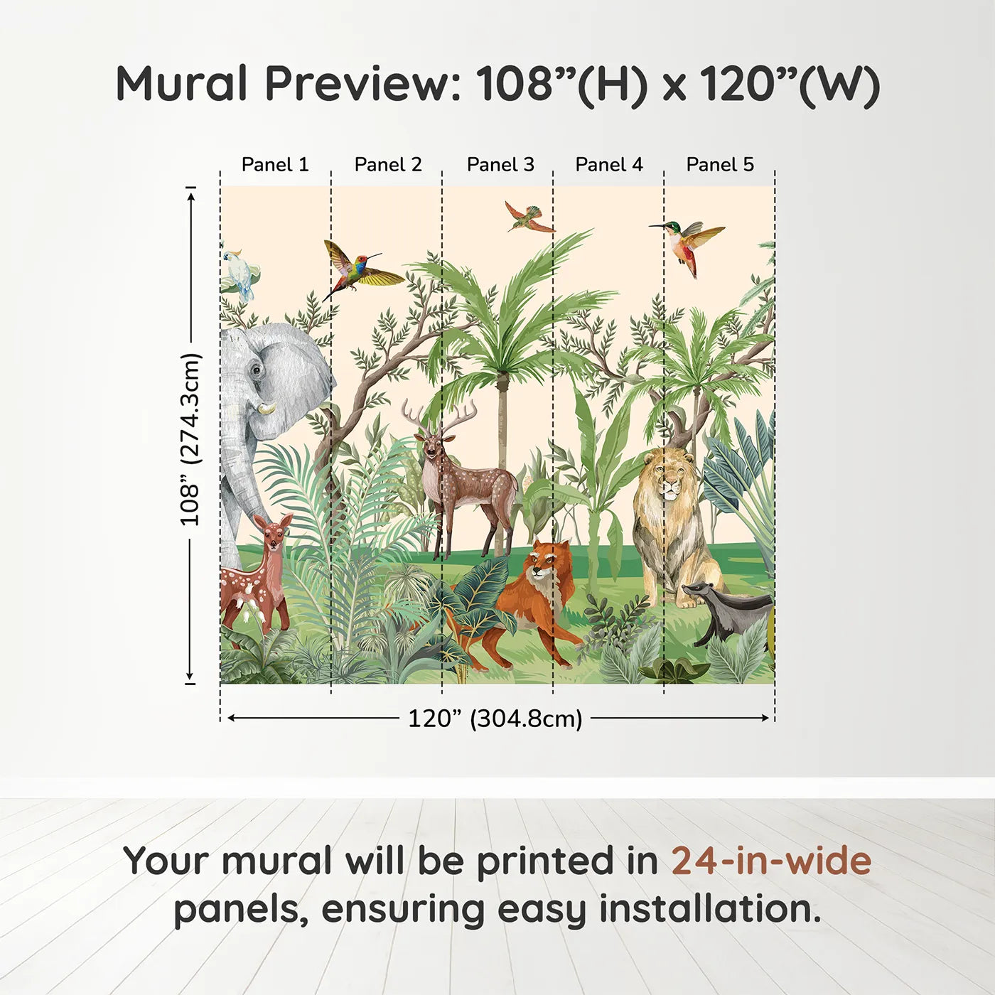 Whimsy Tots Jungle Gathering Wall Muraldimension view (108" H x 120" W). Printed in five 24-inch-wide panels. Gender-Neutral