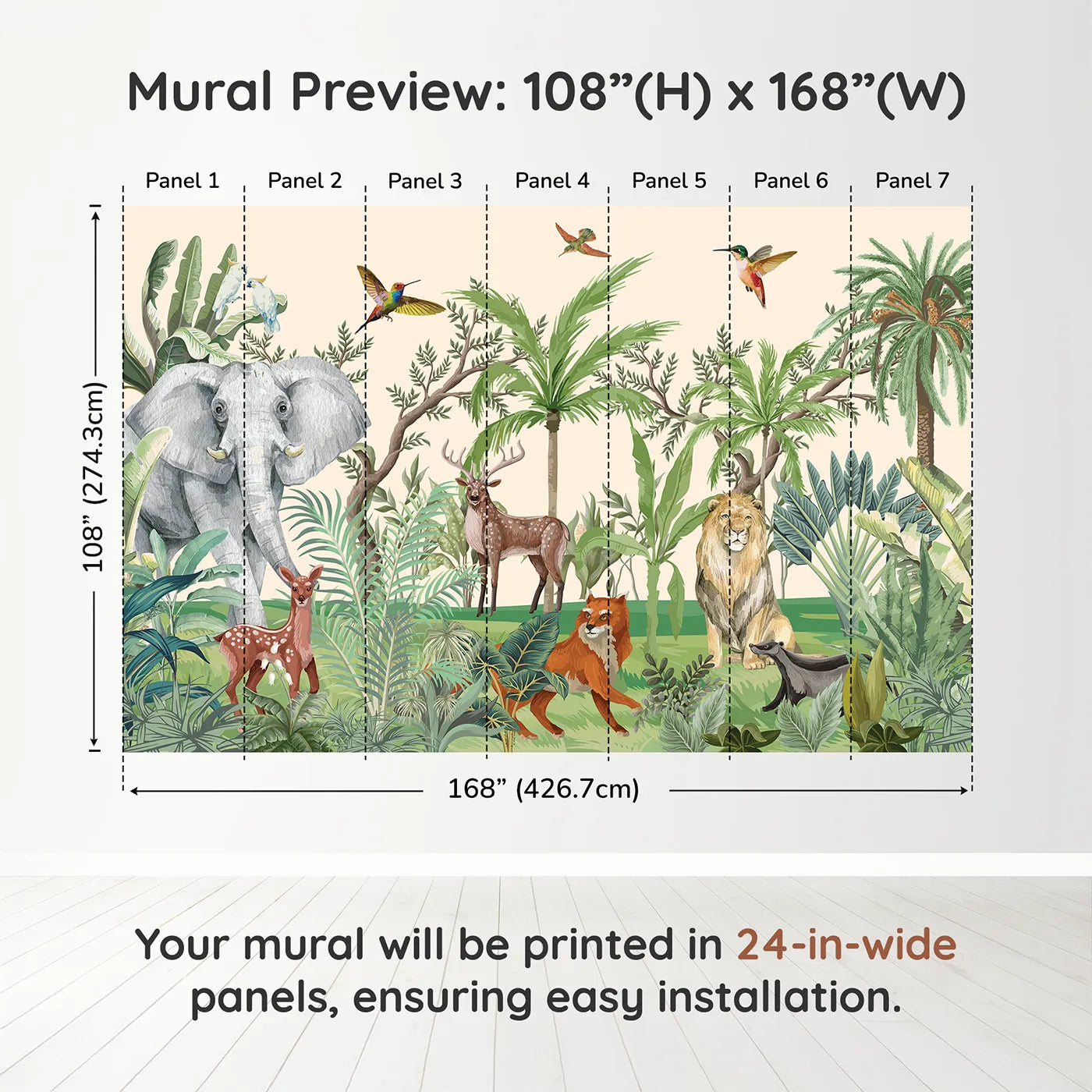 Whimsy Tots Jungle Gathering Wall Muraldimension view (108" H x 168" W). Printed in seven 24-inch-wide panels. Gender-Neutral