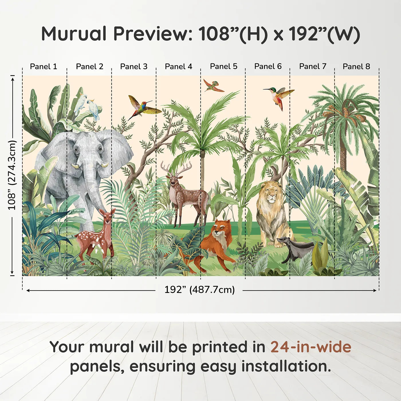 Whimsy Tots Jungle Gathering Wall Muraldimension view (108" H x 192" W). Printed in eight 24-inch-wide panels. Gender-Neutral