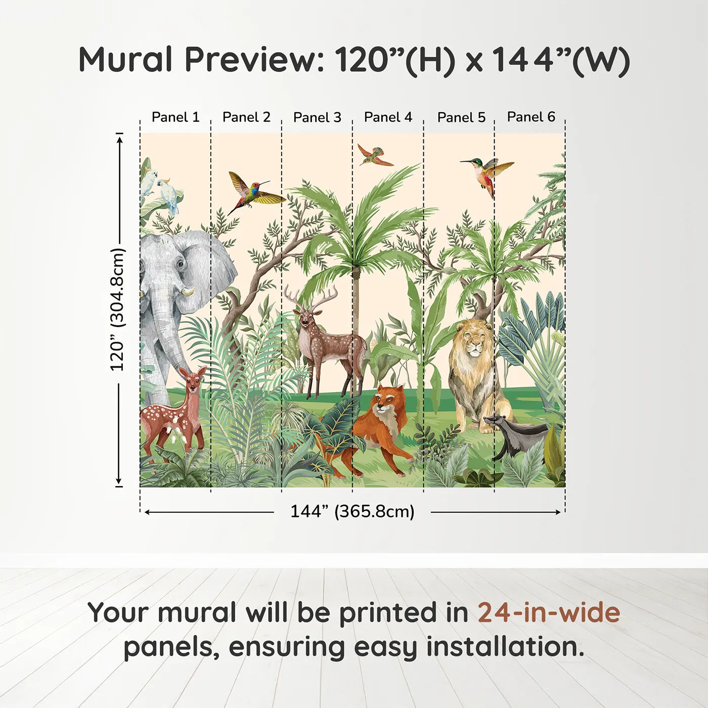 Whimsy Tots Jungle Gathering Wall Muraldimension view (120" H x 144" W). Printed in six 24-inch-wide panels. Gender-Neutral