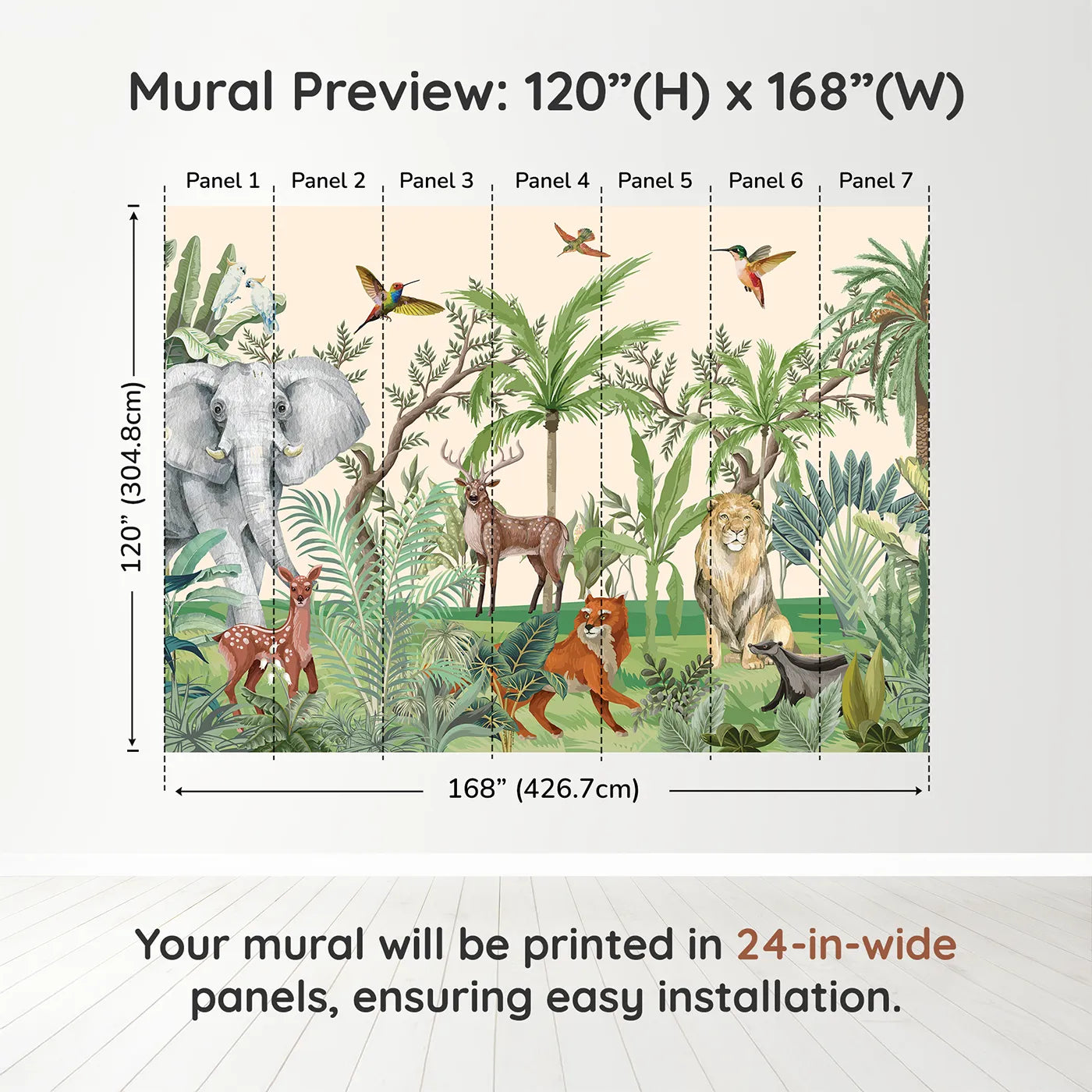 Whimsy Tots Jungle Gathering Wall Muraldimension view (120" H x 168" W). Printed in seven 24-inch-wide panels. Gender-Neutral
