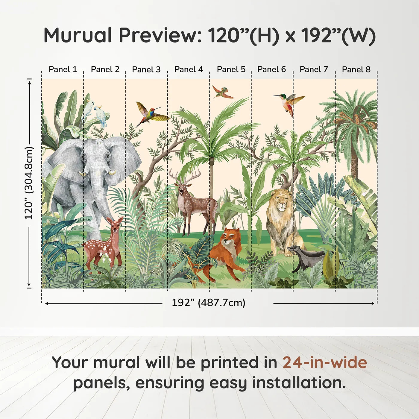 Whimsy Tots Jungle Gathering Wall Muraldimension view (120" H x 192" W). Printed in eight 24-inch-wide panels. Gender-Neutral