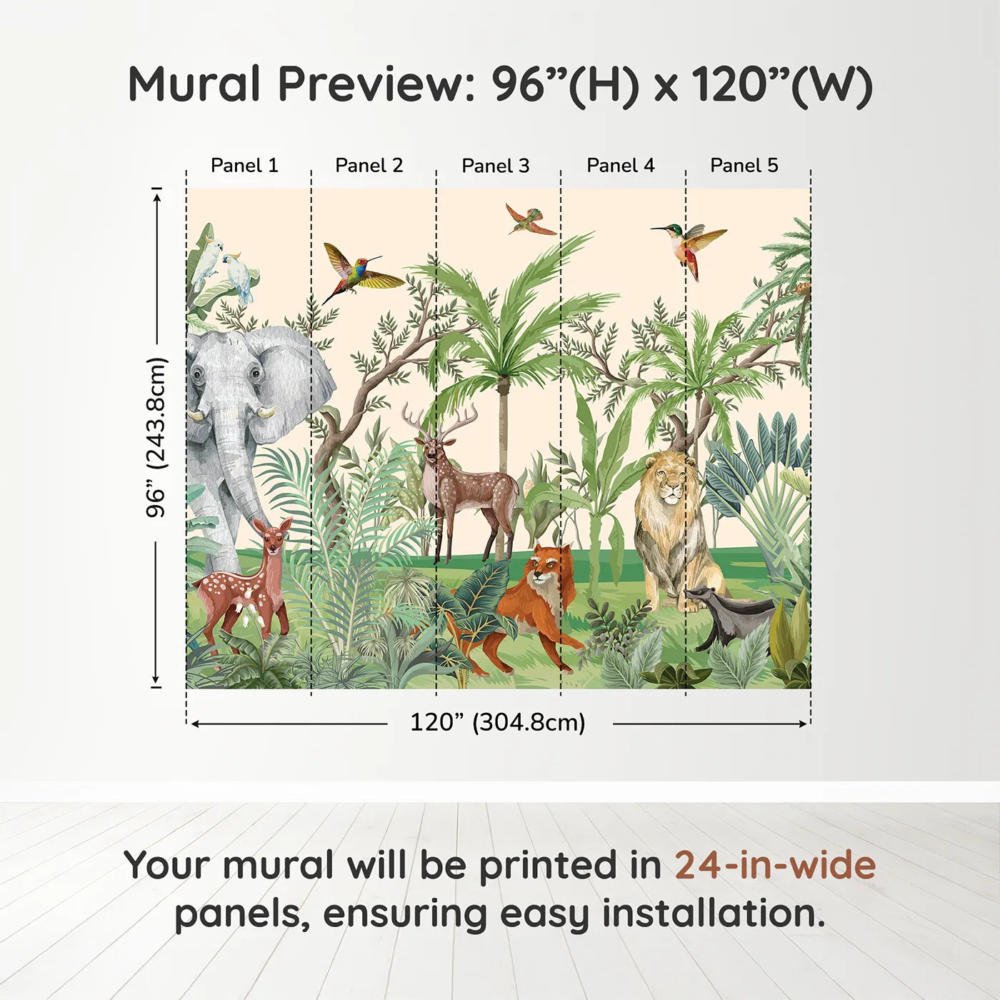 Whimsy Tots Jungle Gathering Wall Muraldimension view (96" H x 120" W). Printed in five 24-inch-wide panels. Gender-Neutral