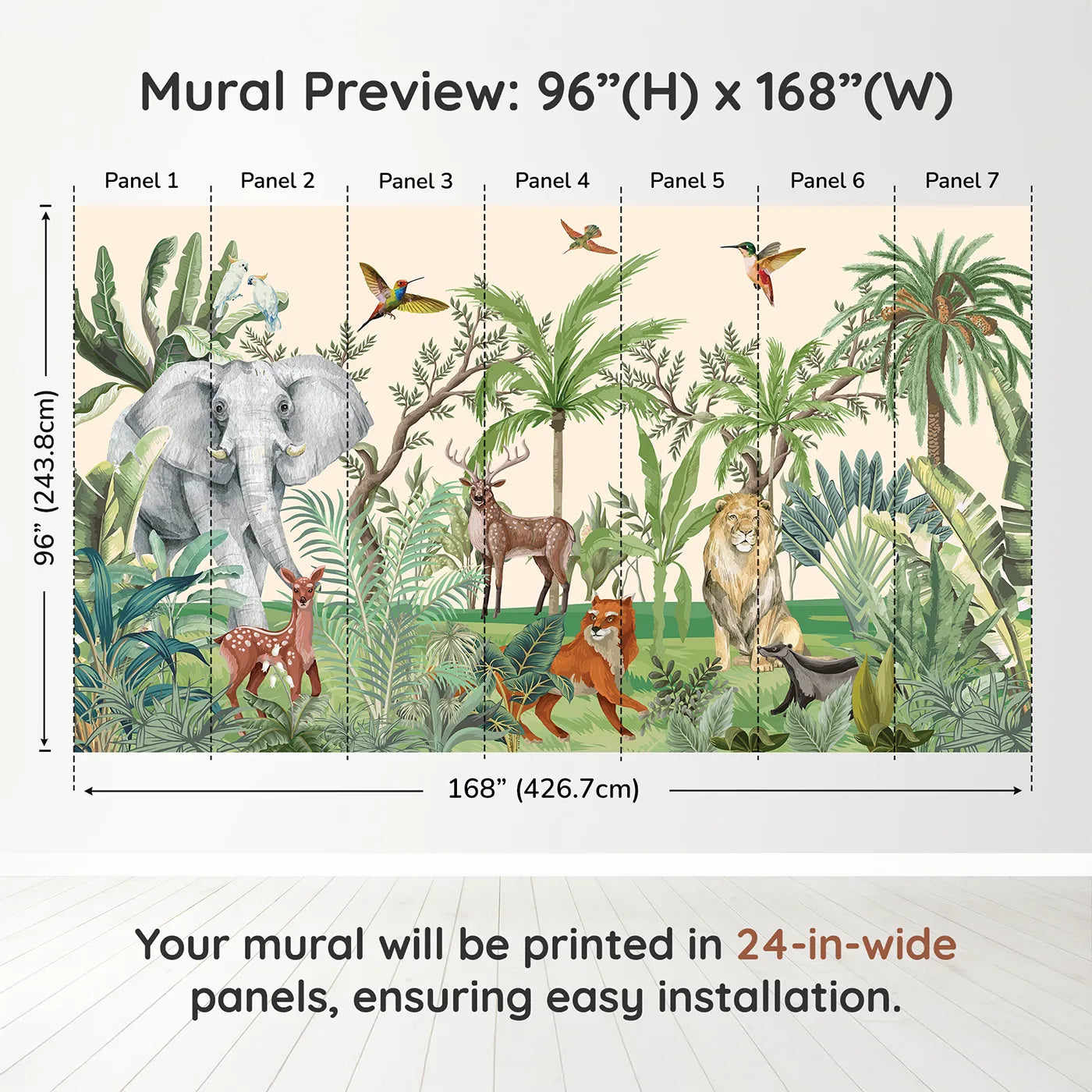 Whimsy Tots Jungle Gathering Wall Muraldimension view (96" H x 168" W). Printed in seven 24-inch-wide panels. Gender-Neutral