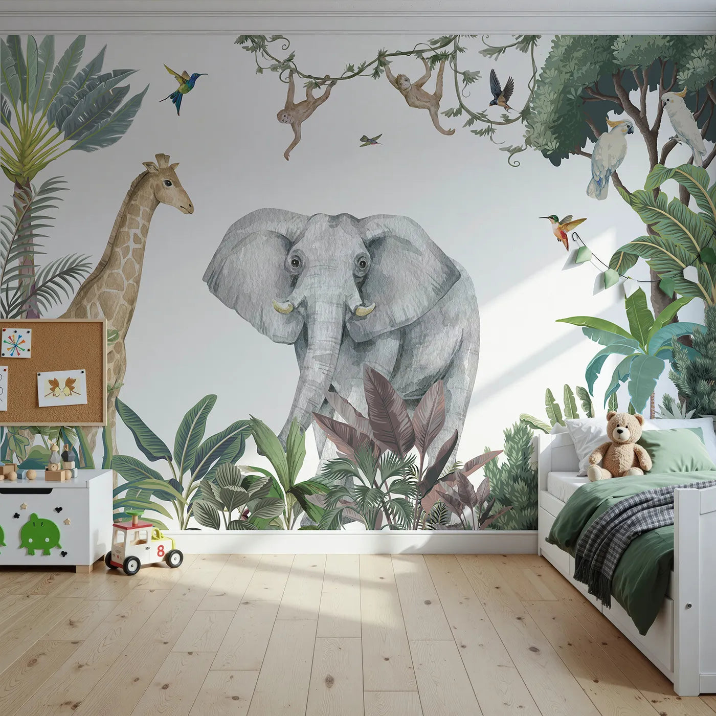 Front view of Whimsy Tots' Jungle Friends Gathering Wall Mural in Color