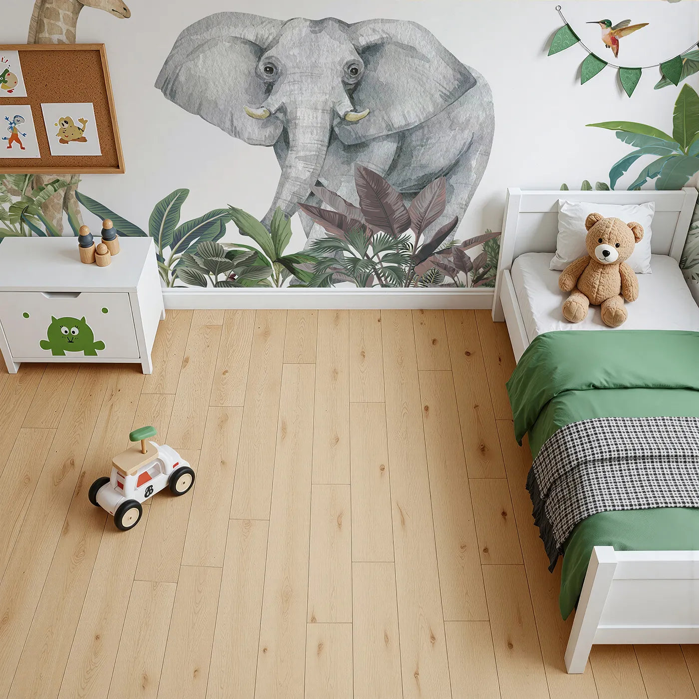 Top-down view of Whimsy Tots' Jungle Friends Gathering Wall Mural in Color (Turn Their Room into a Majestic, Lifelike Safari).Gender-Neutral