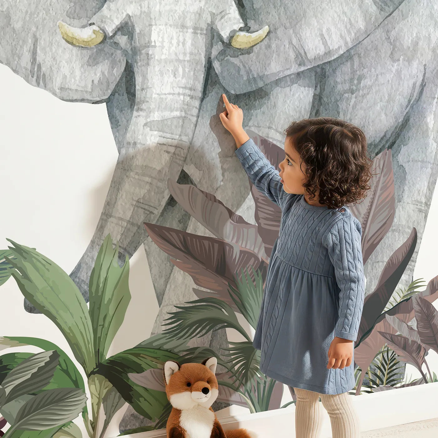 Child in front of Whimsy Tots Jungle Friends Gathering Wall Mural in Color with safari, jungle, animal, realistic, elephant, giraffe, monkey, gorilla in design.