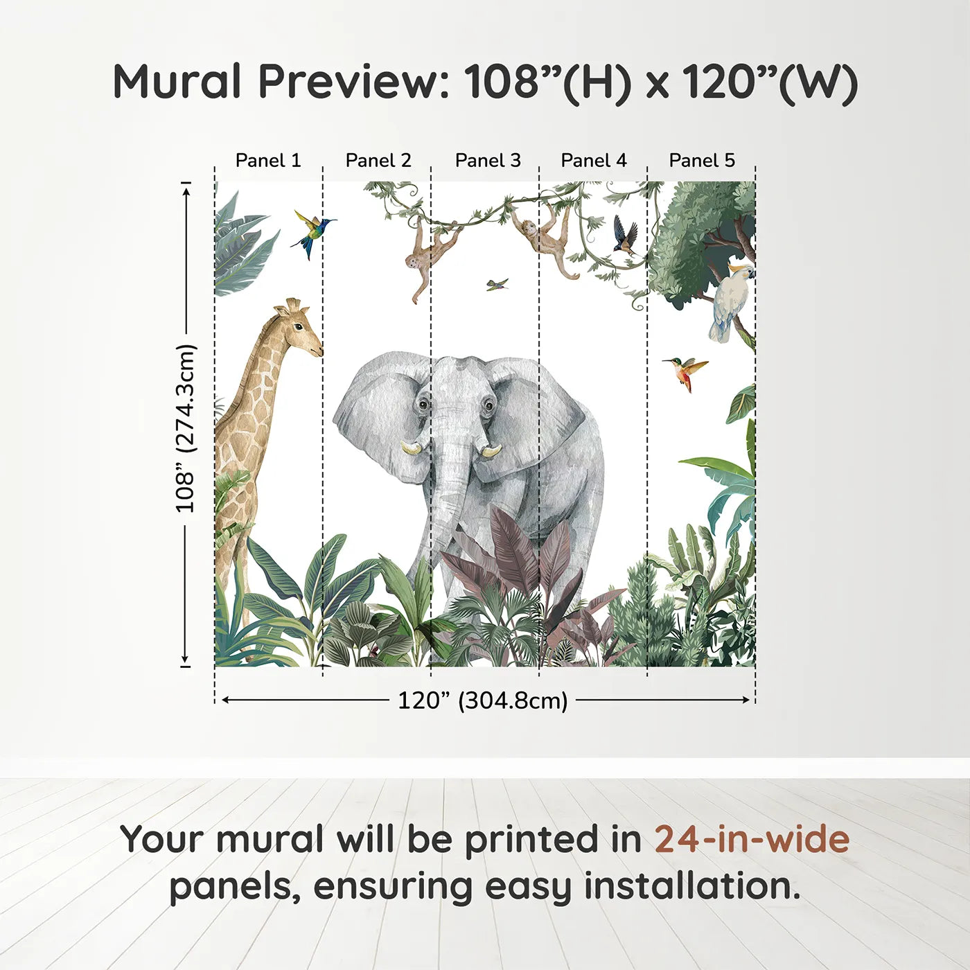 Whimsy Tots Jungle Friends Gathering Wall Mural in Colordimension view (108" H x 120" W). Printed in five 24-inch-wide panels. Gender-Neutral