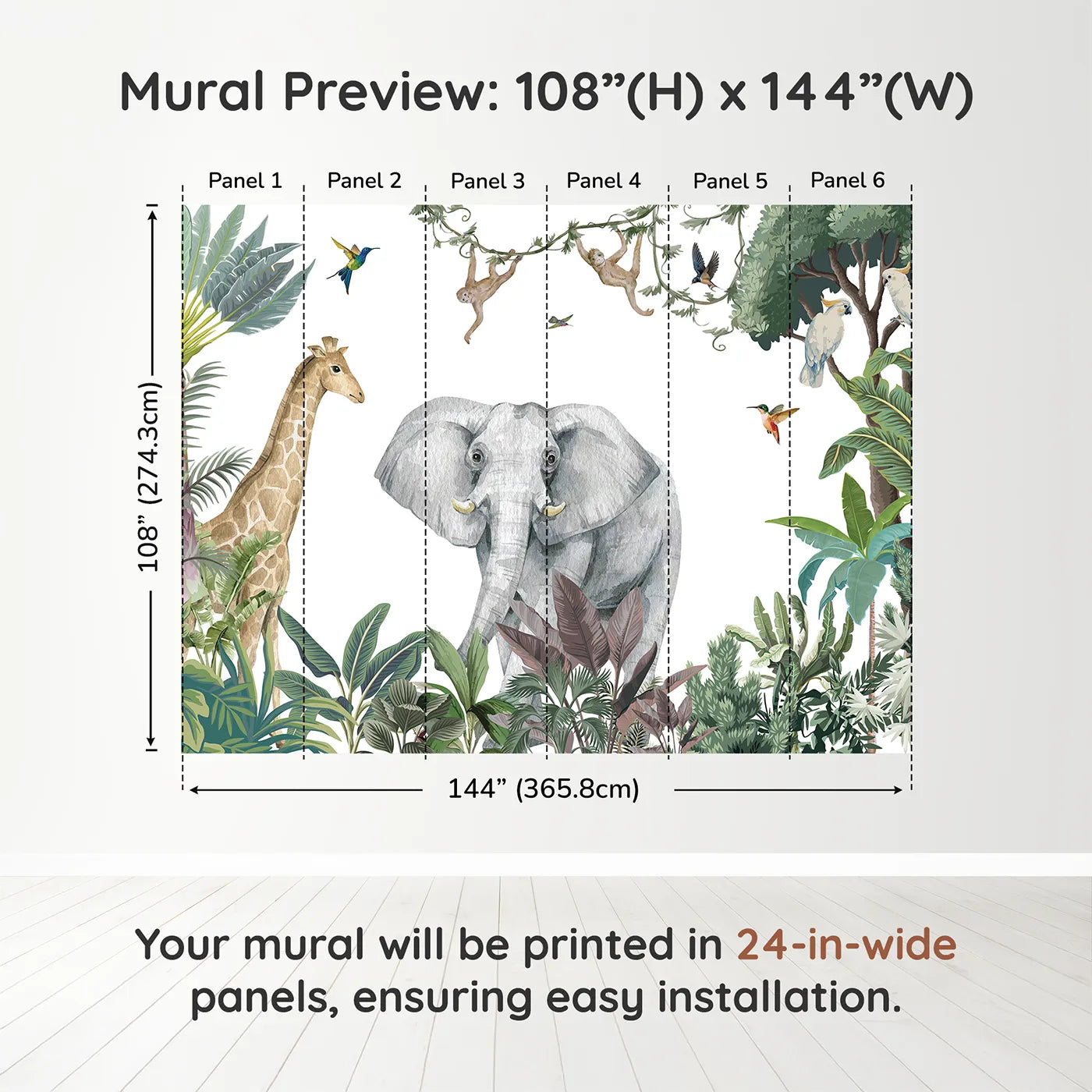 Whimsy Tots Jungle Friends Gathering Wall Mural in Colordimension view (108" H x 144" W). Printed in six 24-inch-wide panels. Gender-Neutral