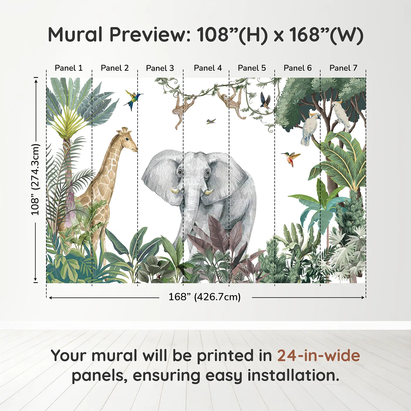 Whimsy Tots Jungle Friends Gathering Wall Mural in Colordimension view (108" H x 168" W). Printed in seven 24-inch-wide panels. Gender-Neutral