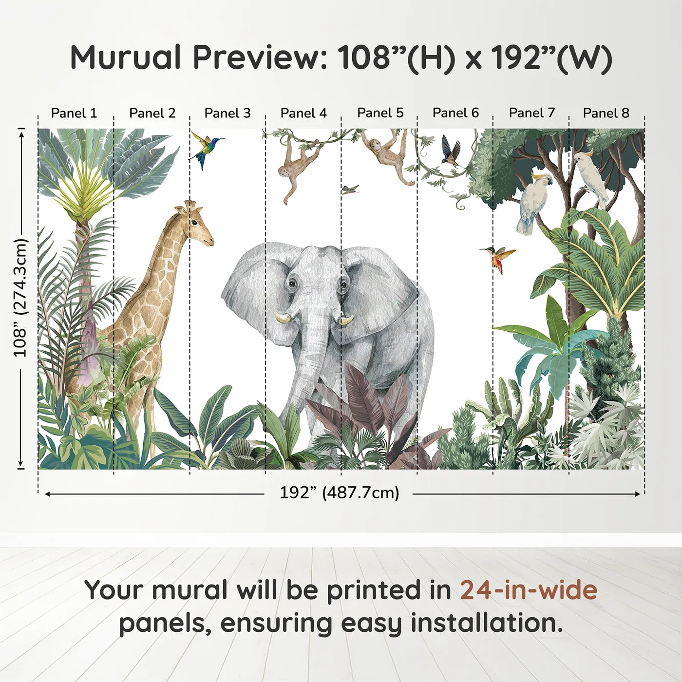 Whimsy Tots Jungle Friends Gathering Wall Mural in Colordimension view (108" H x 192" W). Printed in eight 24-inch-wide panels. Gender-Neutral
