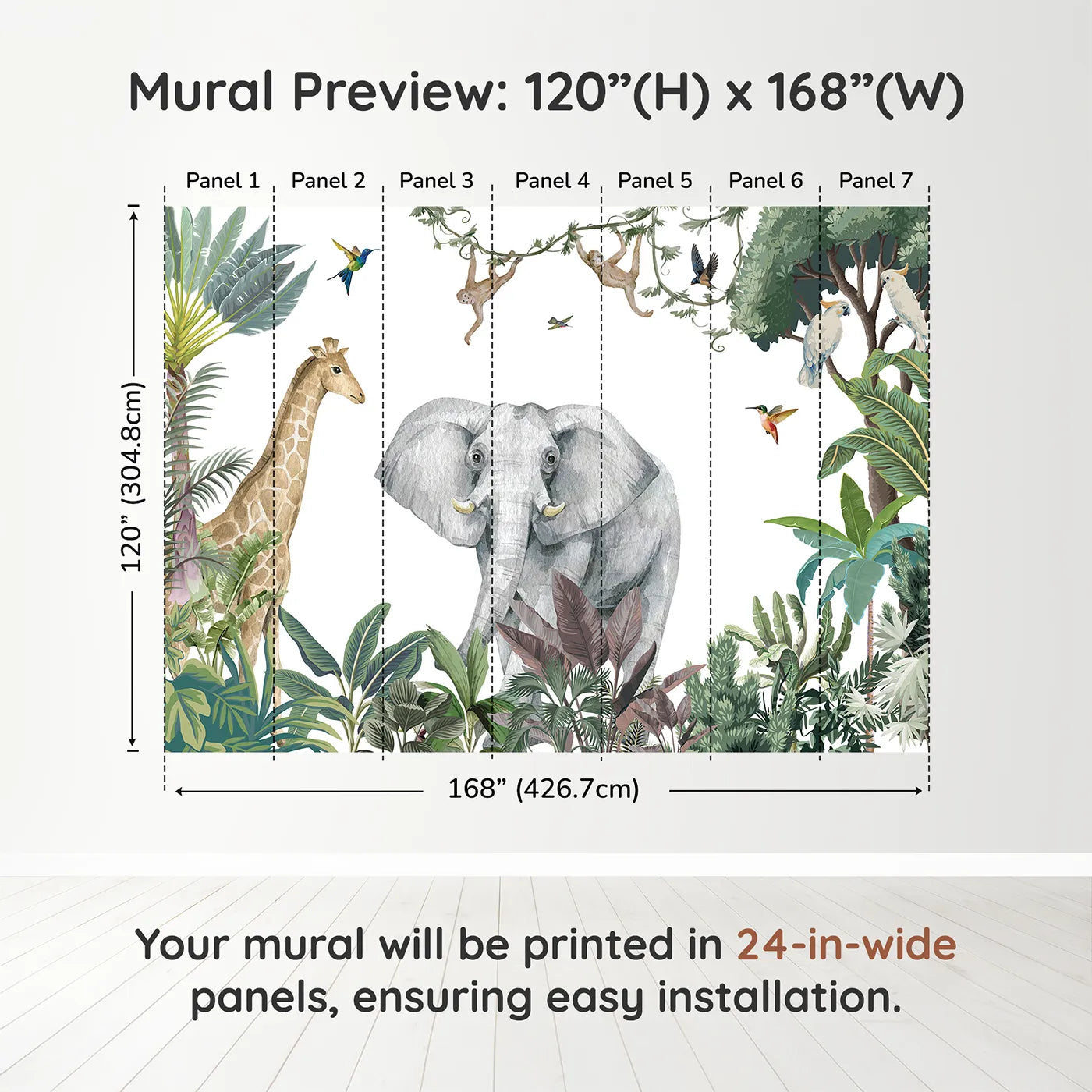 Whimsy Tots Jungle Friends Gathering Wall Mural in Colordimension view (120" H x 168" W). Printed in seven 24-inch-wide panels. Gender-Neutral
