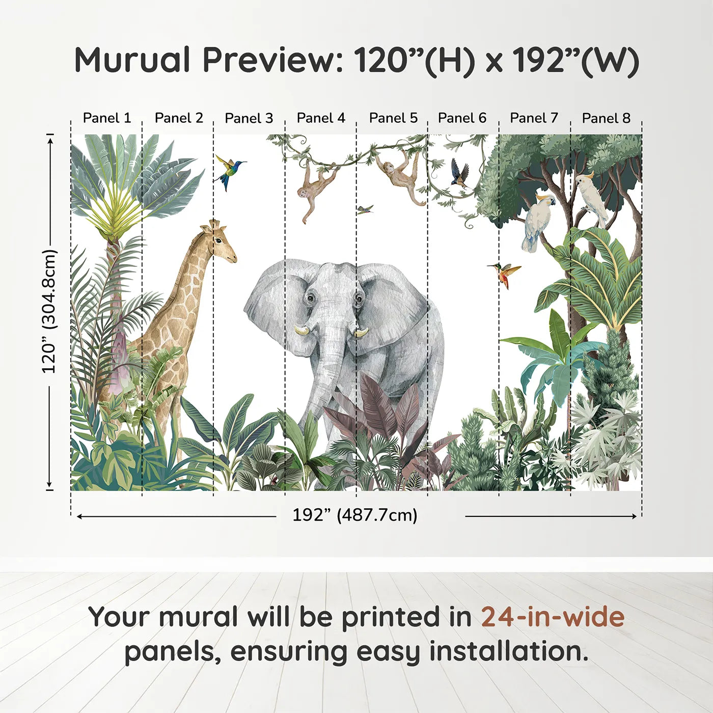 Whimsy Tots Jungle Friends Gathering Wall Mural in Colordimension view (120" H x 192" W). Printed in eight 24-inch-wide panels. Gender-Neutral