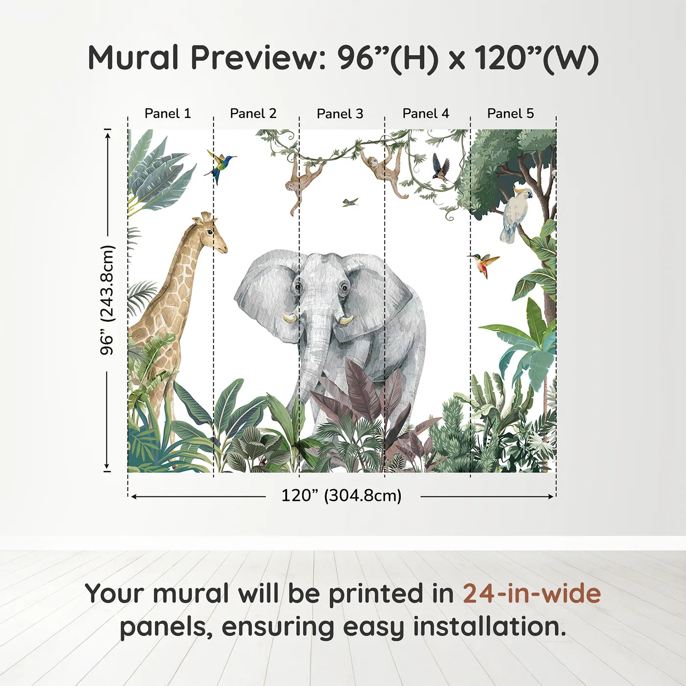 Whimsy Tots Jungle Friends Gathering Wall Mural in Colordimension view (96" H x 120" W). Printed in five 24-inch-wide panels. Gender-Neutral