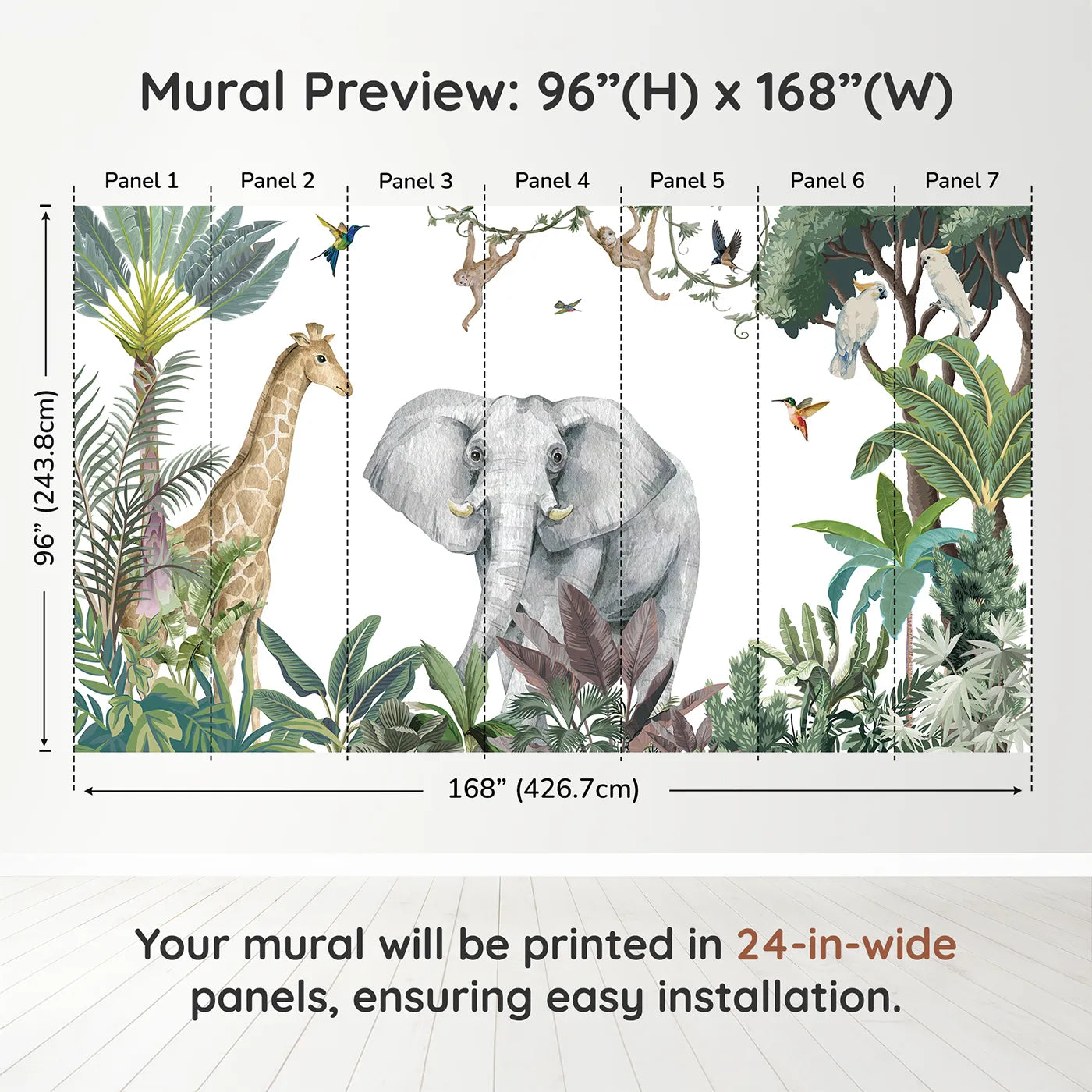 Whimsy Tots Jungle Friends Gathering Wall Mural in Colordimension view (96" H x 168" W). Printed in seven 24-inch-wide panels. Gender-Neutral