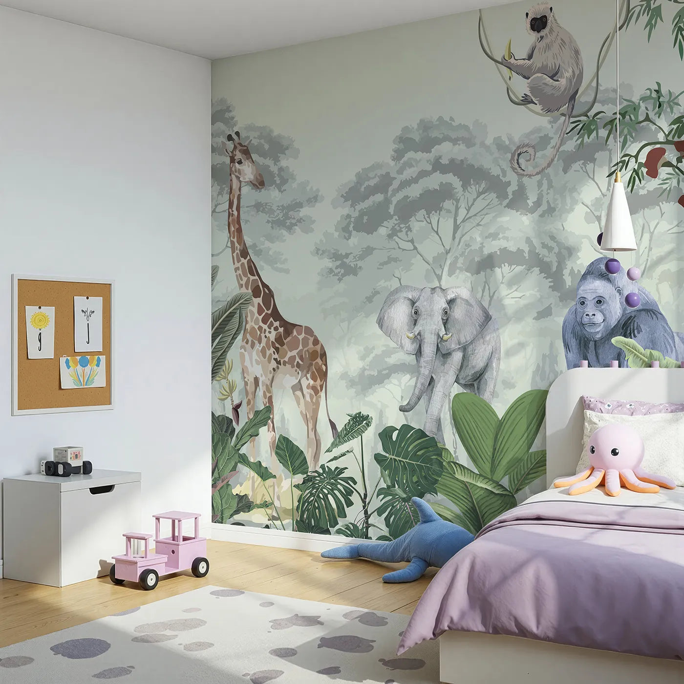 Angled view of Whimsy Tots' Jungle Gathering Wall Mural in Green (Turn Their Room into a Majestic, Lifelike Safari).Gender-Neutral