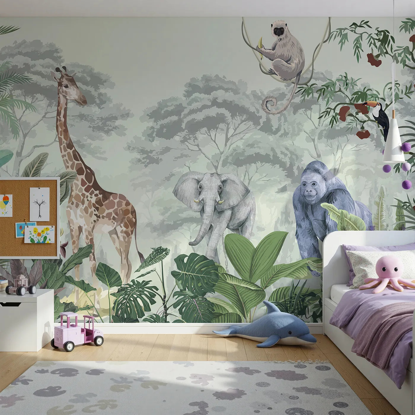 Front view of Whimsy Tots' Jungle Gathering Wall Mural in Green