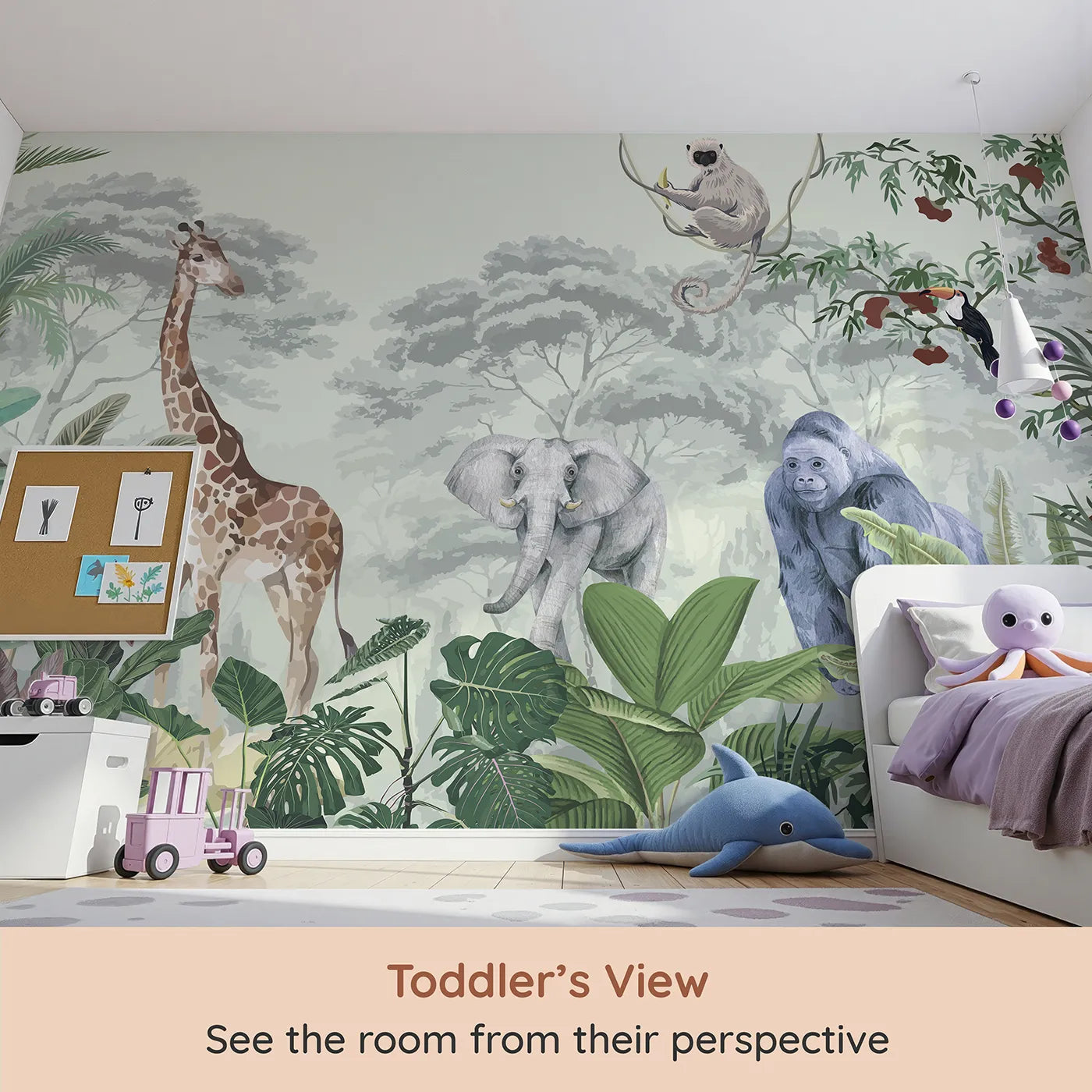 Whimsy Tots Jungle Gathering Wall Mural in Green (Turn Their Room into a Majestic, Lifelike Safari) from your child's view.Gender-Neutral