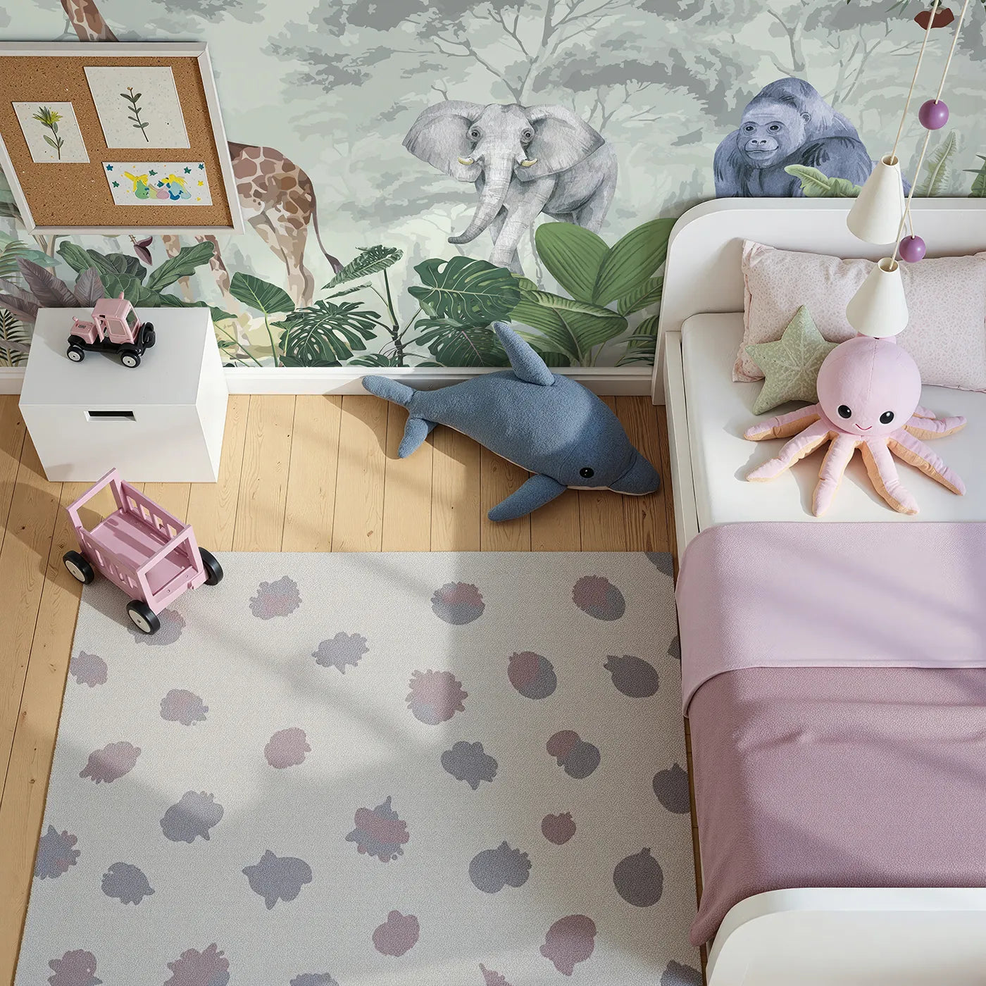 Top-down view of Whimsy Tots' Jungle Gathering Wall Mural in Green (Turn Their Room into a Majestic, Lifelike Safari).Gender-Neutral