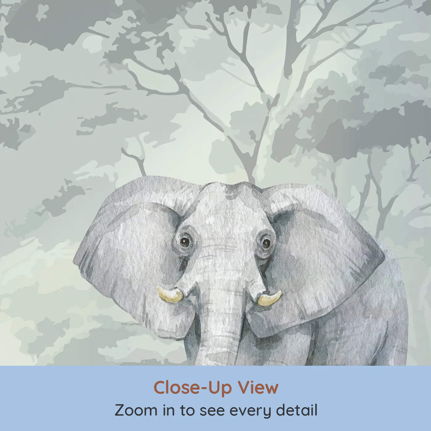 Close-up view of Whimsy Tots' Jungle Gathering Wall Mural in Green (Turn Their Room into a Majestic, Lifelike Safari).Gender-Neutral