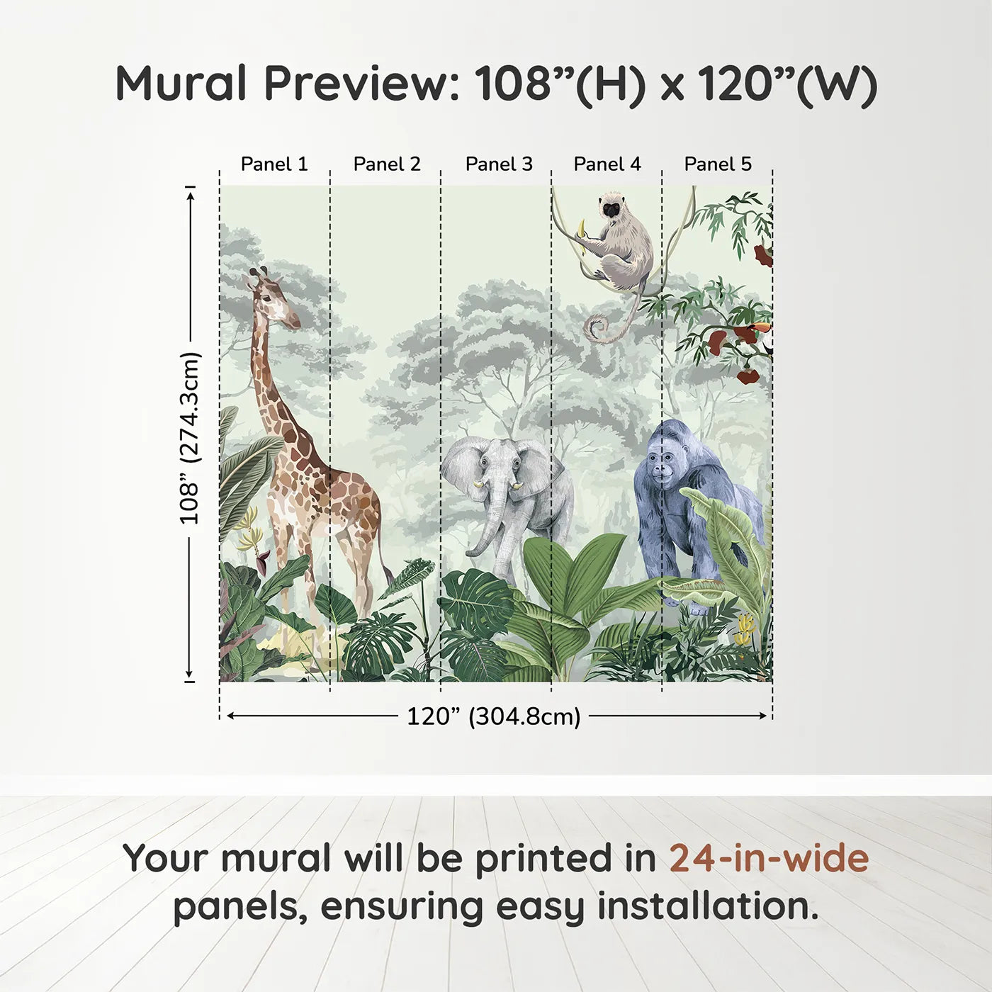 Whimsy Tots Jungle Gathering Wall Mural in Greendimension view (108" H x 120" W). Printed in five 24-inch-wide panels. Gender-Neutral