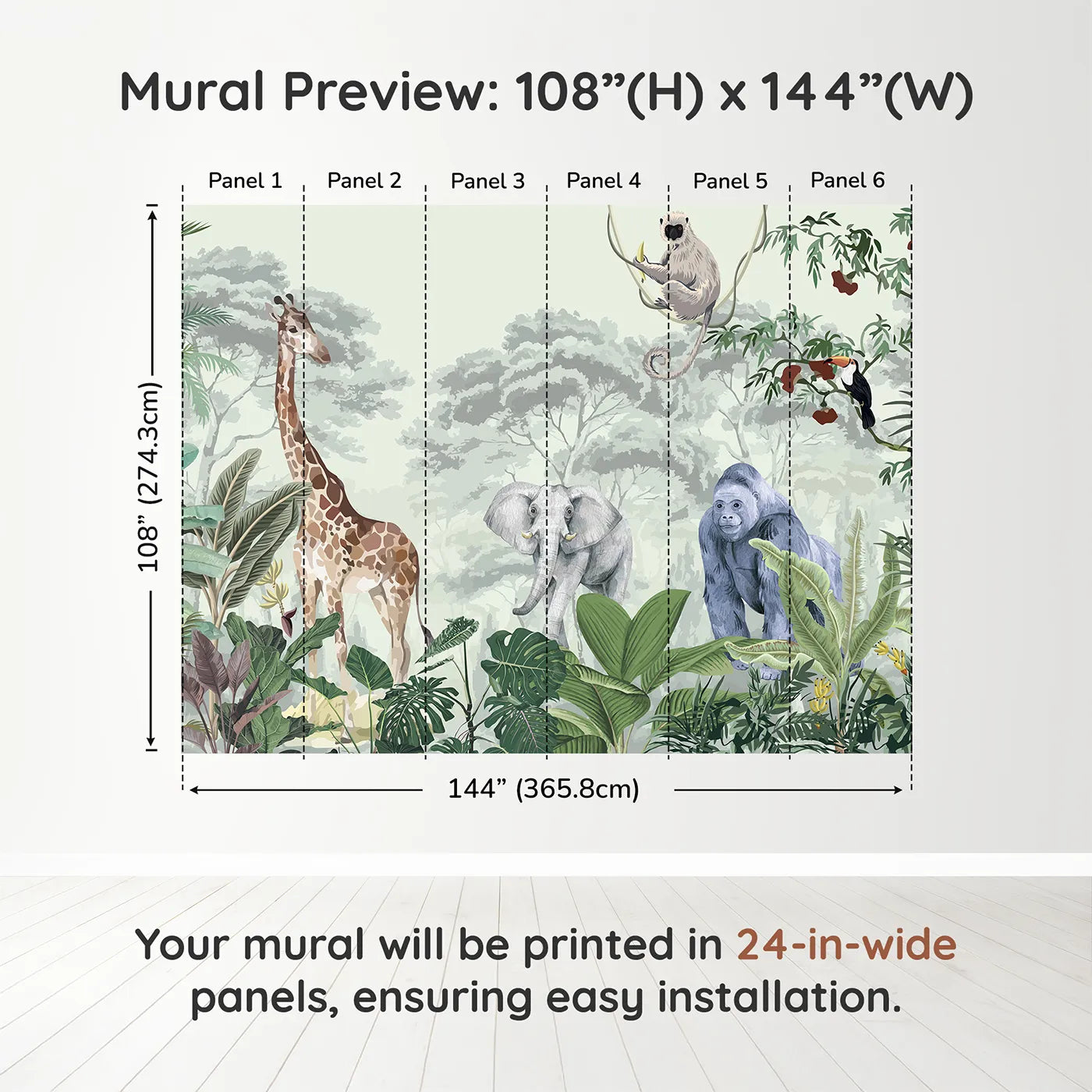 Whimsy Tots Jungle Gathering Wall Mural in Greendimension view (108" H x 144" W). Printed in six 24-inch-wide panels. Gender-Neutral
