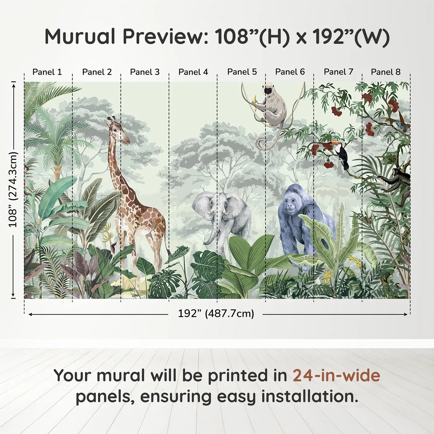 Whimsy Tots Jungle Gathering Wall Mural in Greendimension view (108" H x 192" W). Printed in eight 24-inch-wide panels. Gender-Neutral
