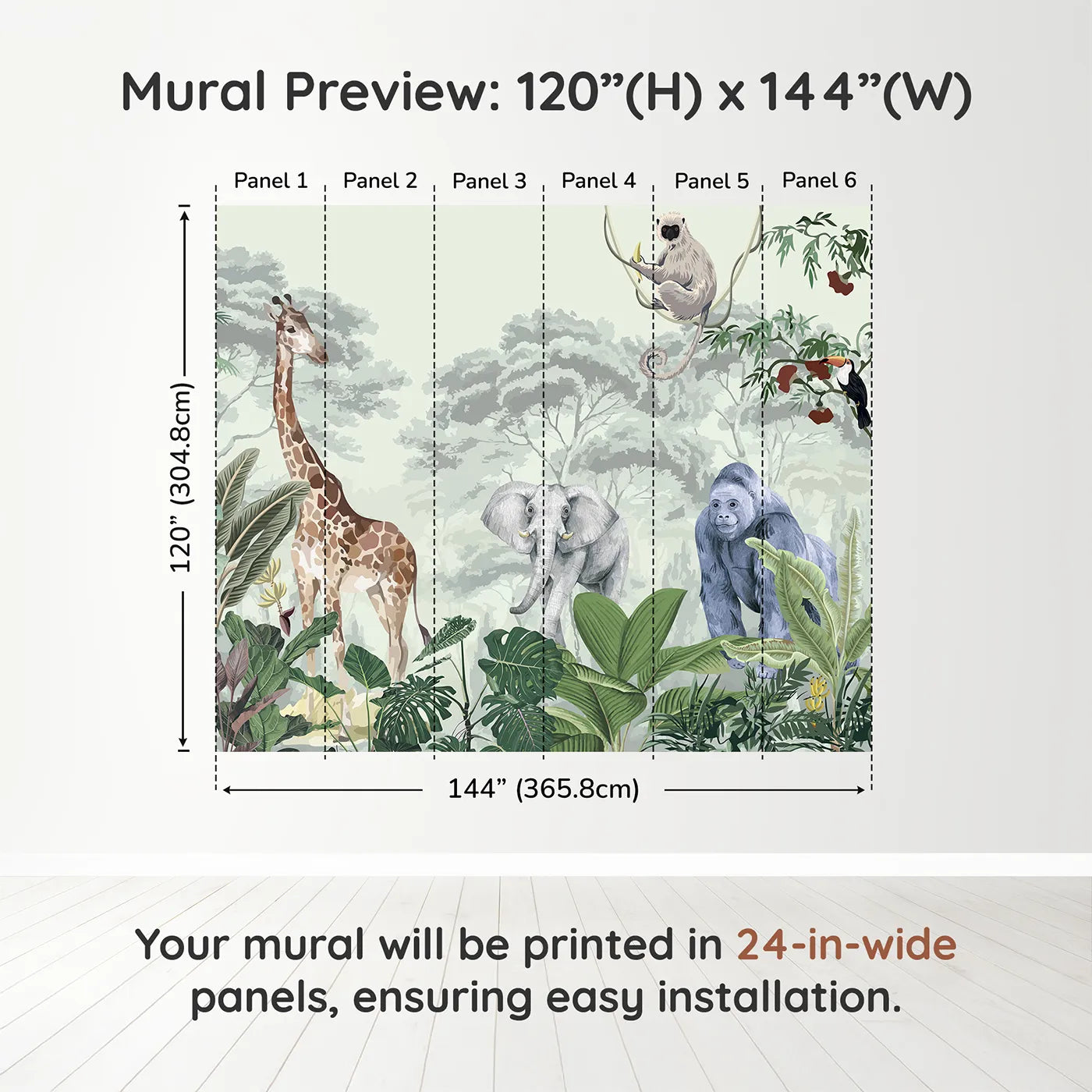 Whimsy Tots Jungle Gathering Wall Mural in Greendimension view (120" H x 144" W). Printed in six 24-inch-wide panels. Gender-Neutral