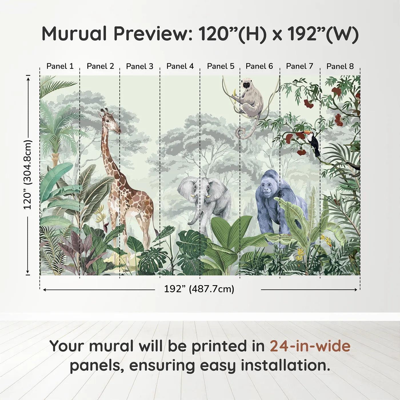 Whimsy Tots Jungle Gathering Wall Mural in Greendimension view (120" H x 192" W). Printed in eight 24-inch-wide panels. Gender-Neutral