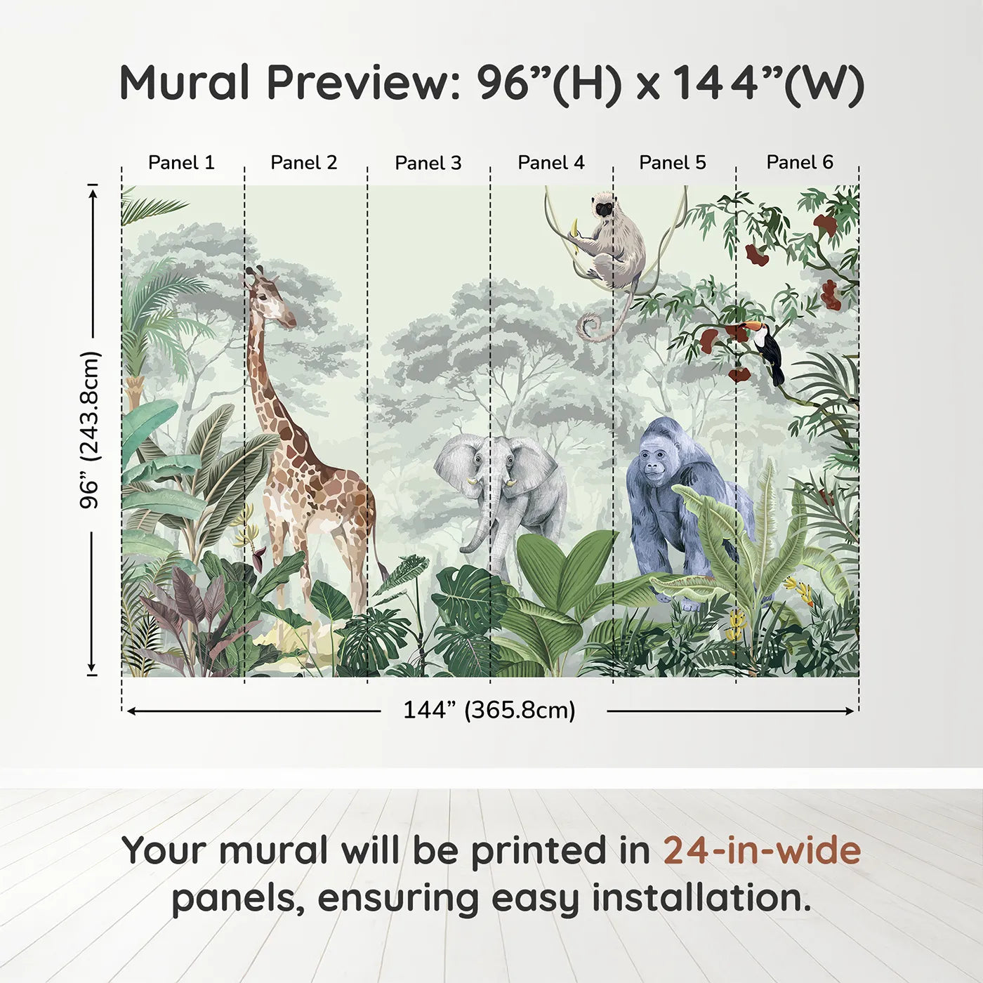 Whimsy Tots Jungle Gathering Wall Mural in Greendimension view (96" H x 144" W). Printed in six 24-inch-wide panels. Gender-Neutral