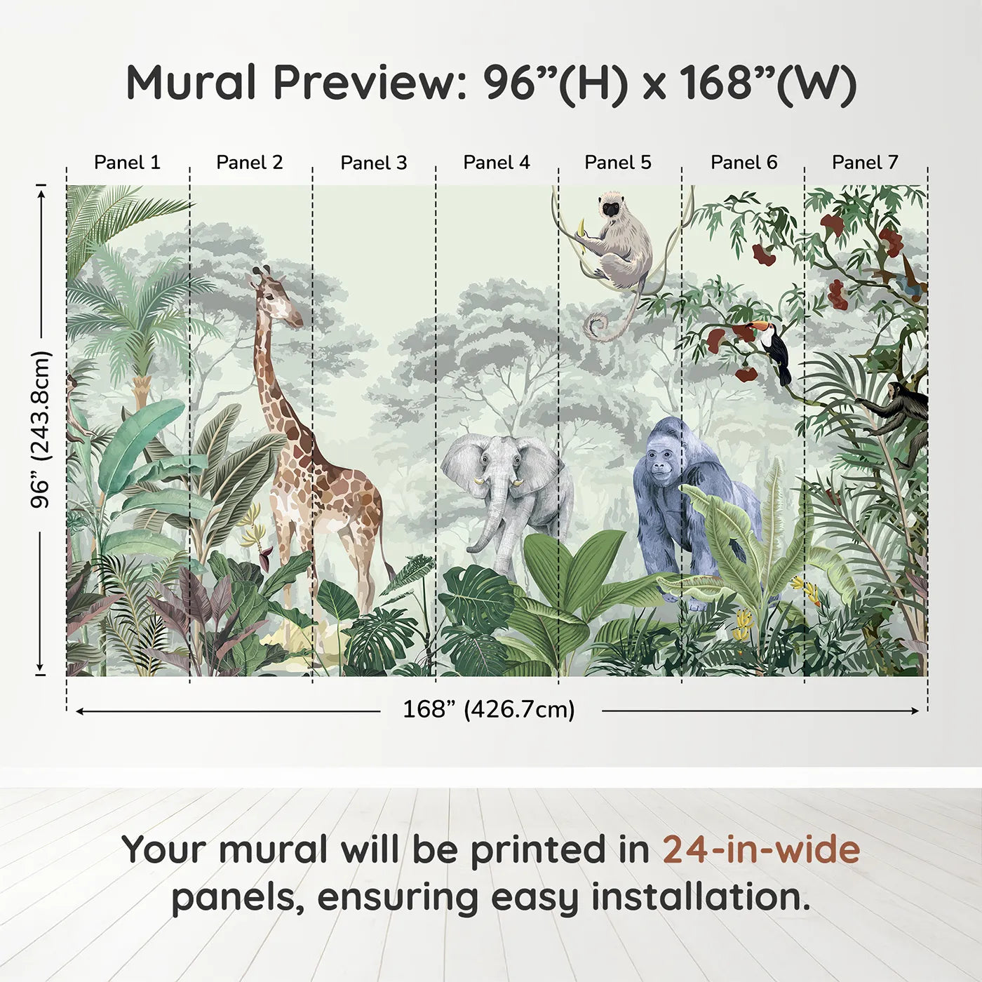 Whimsy Tots Jungle Gathering Wall Mural in Greendimension view (96" H x 168" W). Printed in seven 24-inch-wide panels. Gender-Neutral