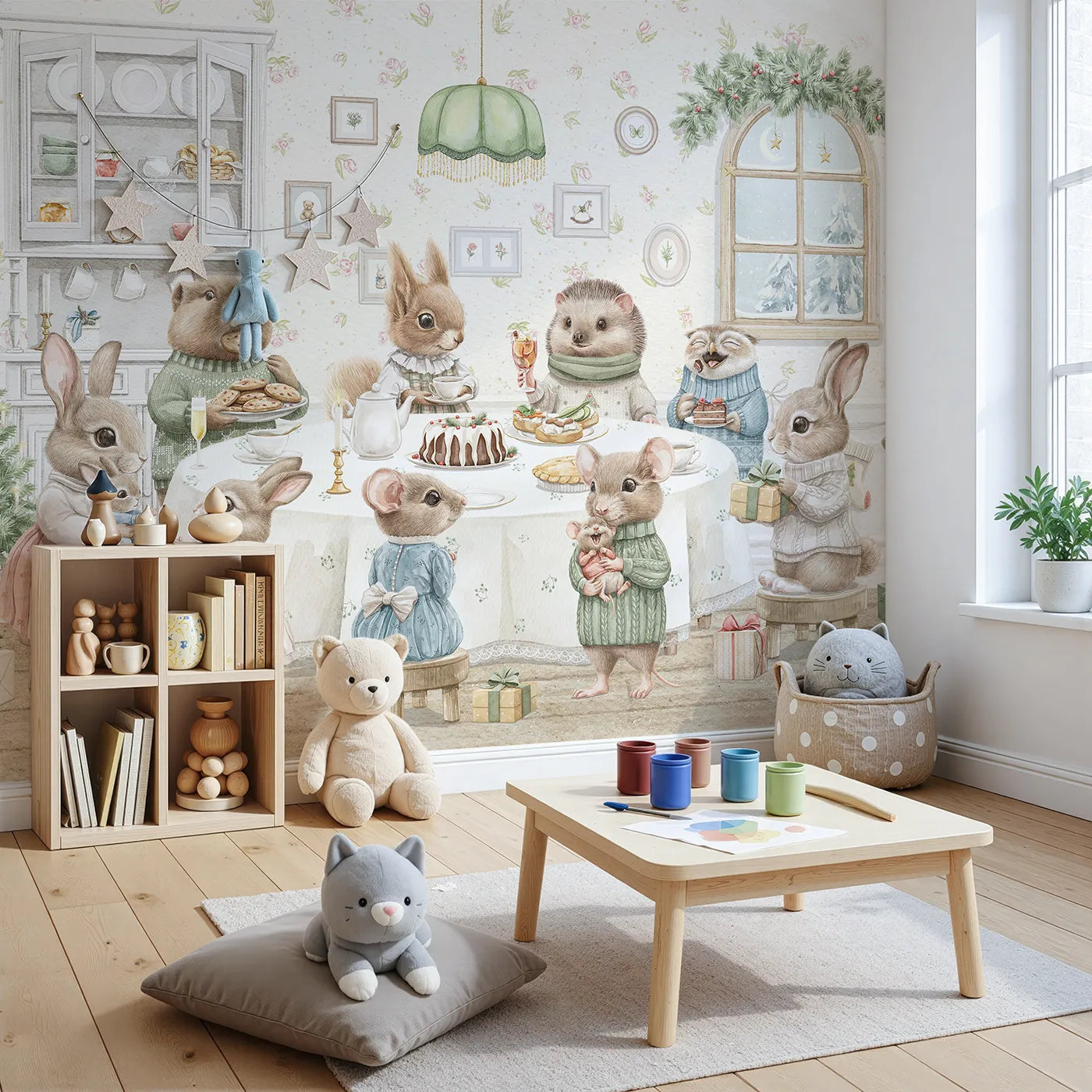Angled view of Whimsy Tots' Woodland Animal Christmas Dinner Wall Mural (Turn Their Room into the Coziest, Most Charming Holiday Party).Gender-Neutral