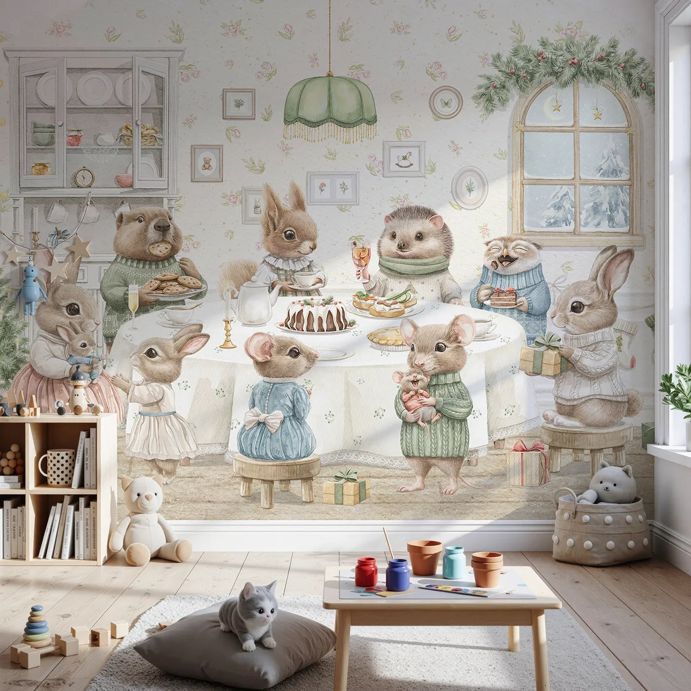 Front view of Whimsy Tots' Woodland Animal Christmas Dinner Wall Mural