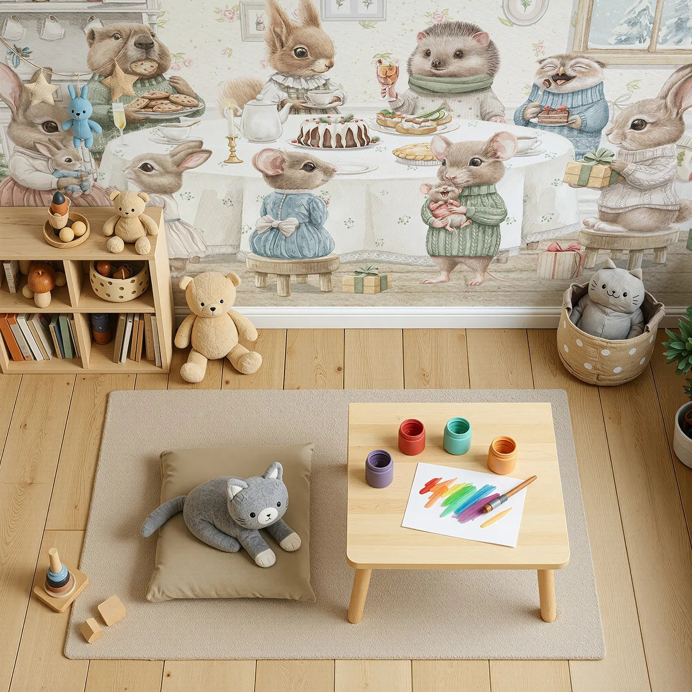 Top-down view of Whimsy Tots' Woodland Animal Christmas Dinner Wall Mural (Turn Their Room into the Coziest, Most Charming Holiday Party).Gender-Neutral
