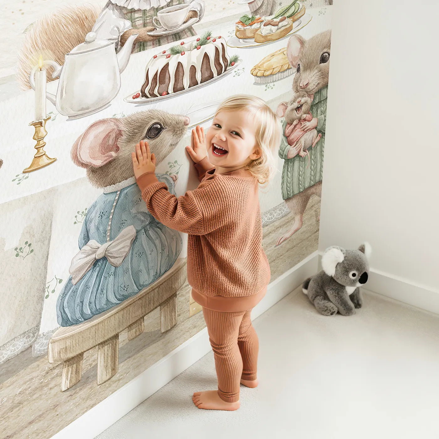 Child in front of Whimsy Tots Woodland Animal Christmas Dinner Wall Mural with animal, woodland, christmas, cute, vintage, storybook, party, friends in design.
