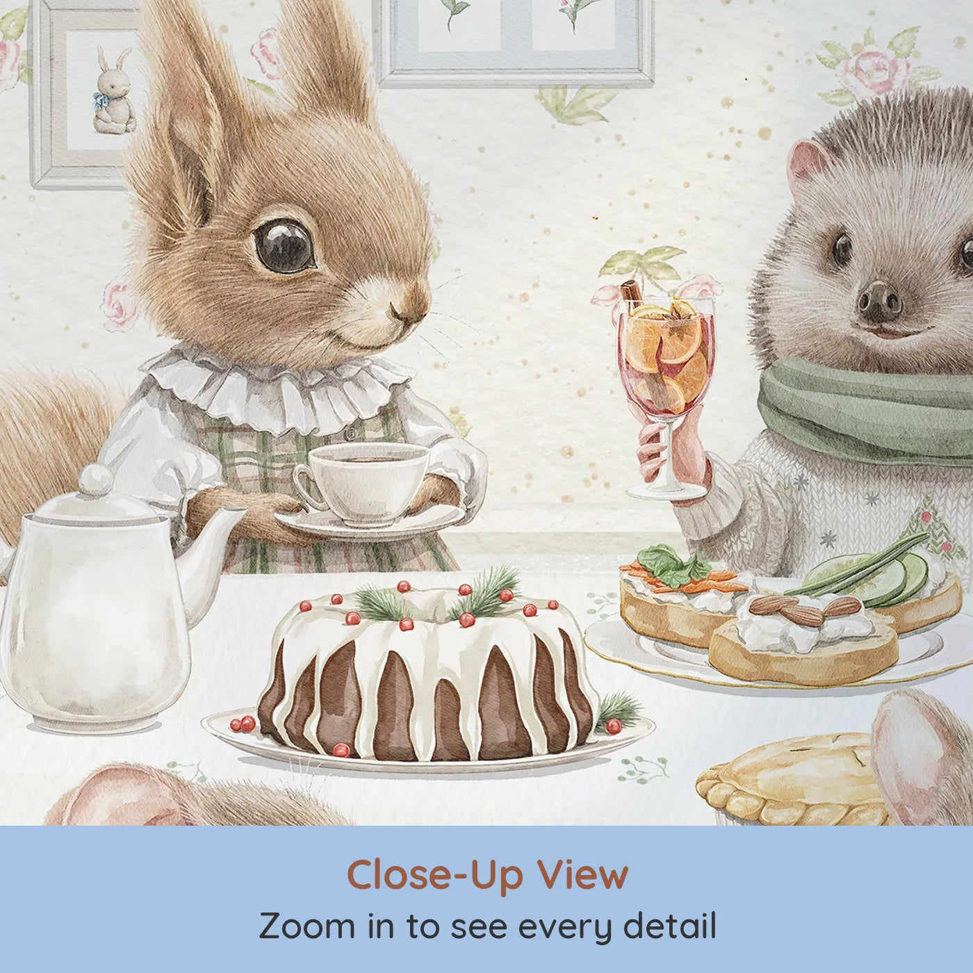 Close-up view of Whimsy Tots' Woodland Animal Christmas Dinner Wall Mural (Turn Their Room into the Coziest, Most Charming Holiday Party).Gender-Neutral