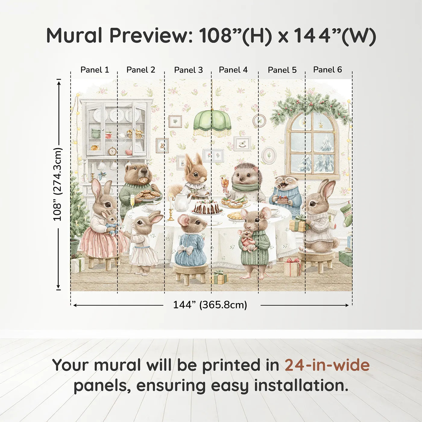 Whimsy Tots Woodland Animal Christmas Dinner Wall Muraldimension view (108" H x 144" W). Printed in six 24-inch-wide panels. Gender-Neutral