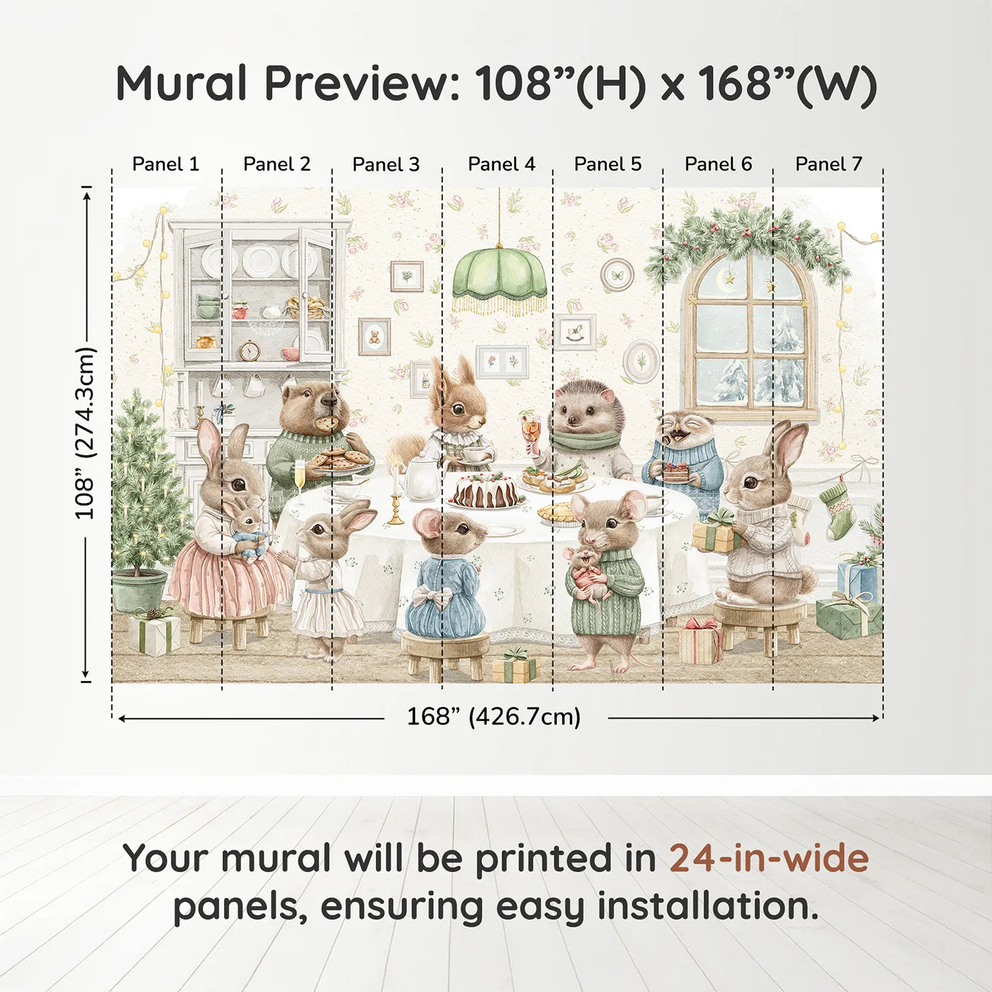 Whimsy Tots Woodland Animal Christmas Dinner Wall Muraldimension view (108" H x 168" W). Printed in seven 24-inch-wide panels. Gender-Neutral