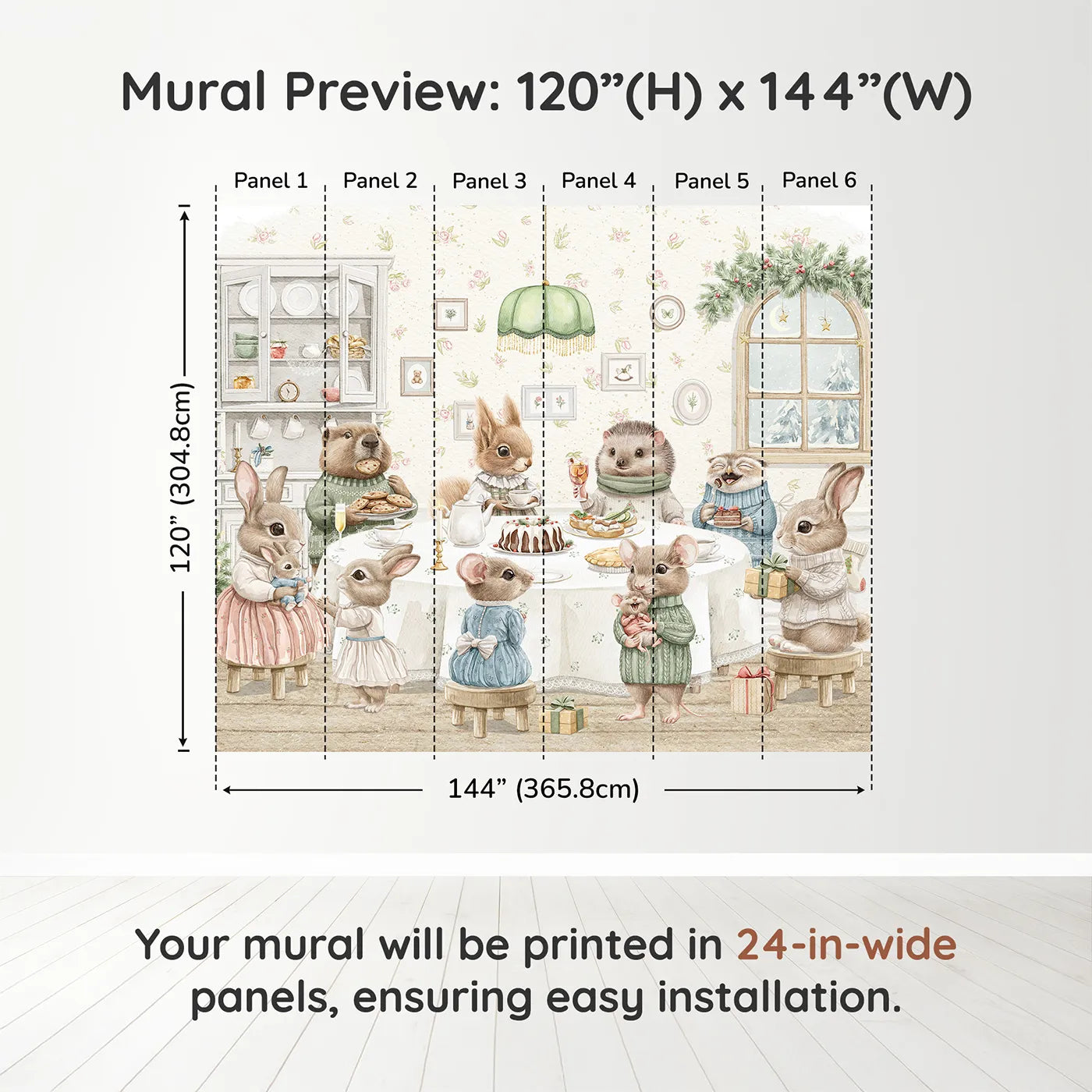 Whimsy Tots Woodland Animal Christmas Dinner Wall Muraldimension view (120" H x 144" W). Printed in six 24-inch-wide panels. Gender-Neutral
