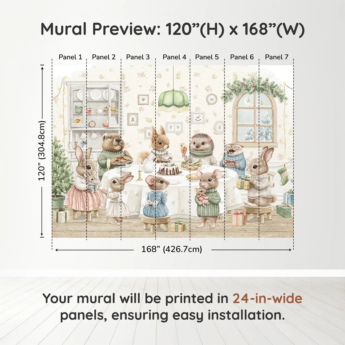 Whimsy Tots Woodland Animal Christmas Dinner Wall Muraldimension view (120" H x 168" W). Printed in seven 24-inch-wide panels. Gender-Neutral