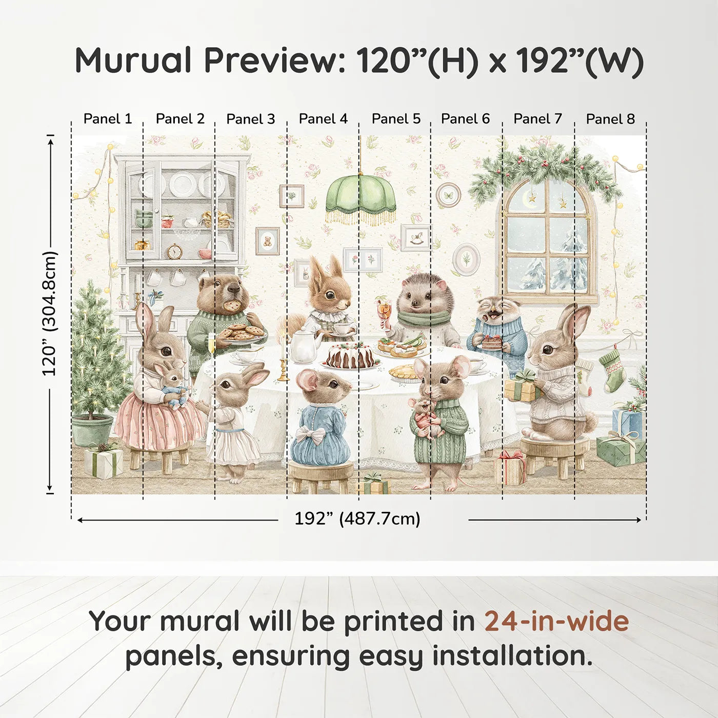 Whimsy Tots Woodland Animal Christmas Dinner Wall Muraldimension view (120" H x 192" W). Printed in eight 24-inch-wide panels. Gender-Neutral