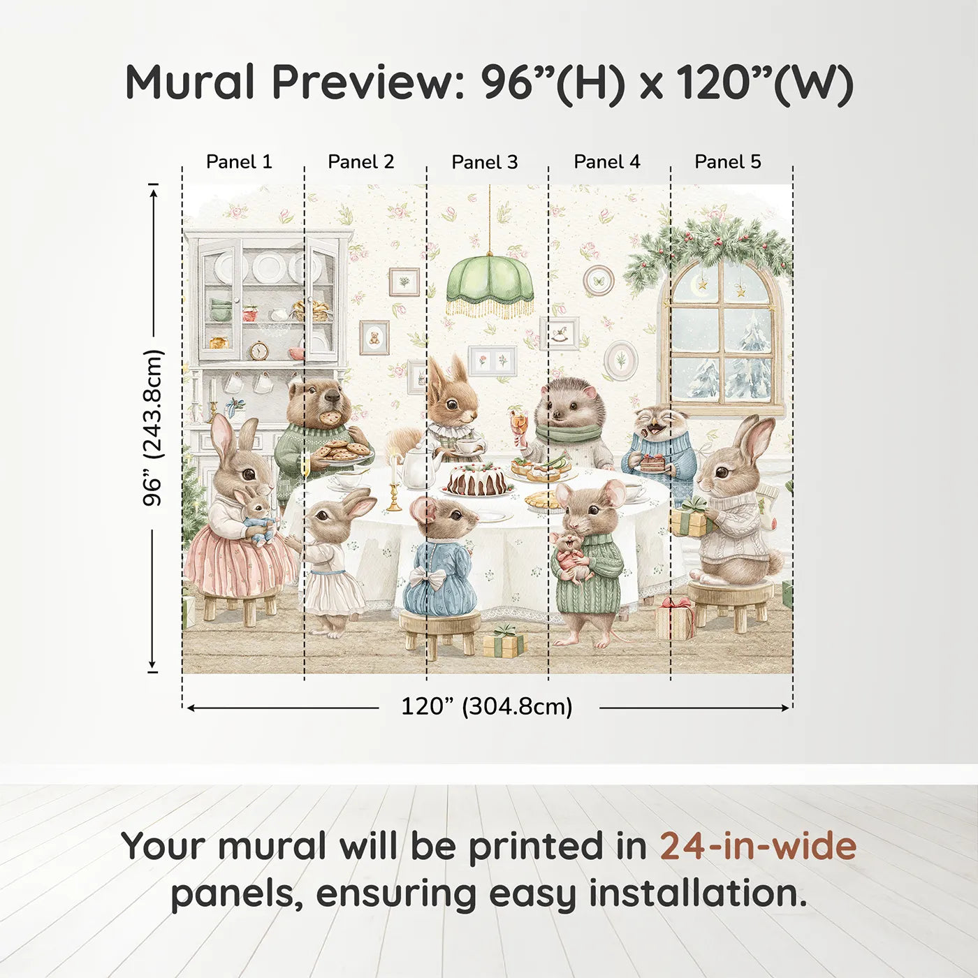 Whimsy Tots Woodland Animal Christmas Dinner Wall Muraldimension view (96" H x 120" W). Printed in five 24-inch-wide panels. Gender-Neutral