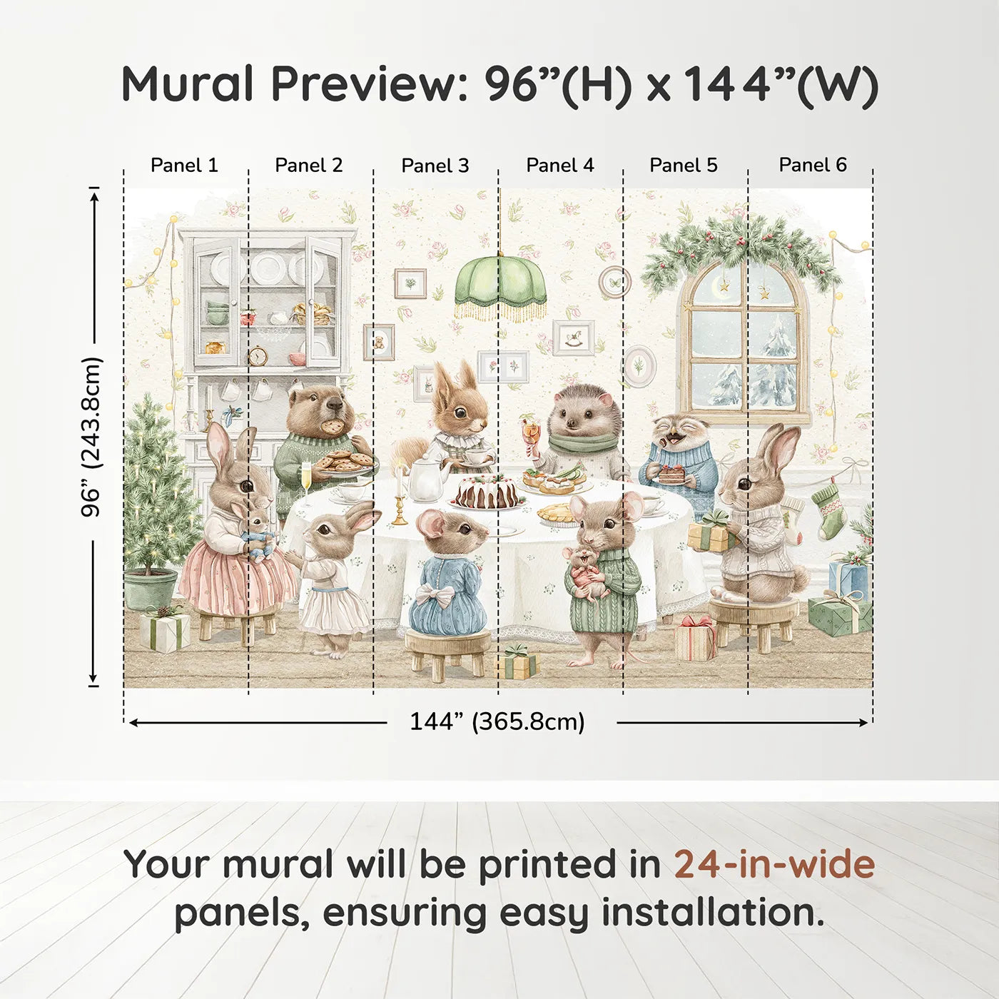 Whimsy Tots Woodland Animal Christmas Dinner Wall Muraldimension view (96" H x 144" W). Printed in six 24-inch-wide panels. Gender-Neutral