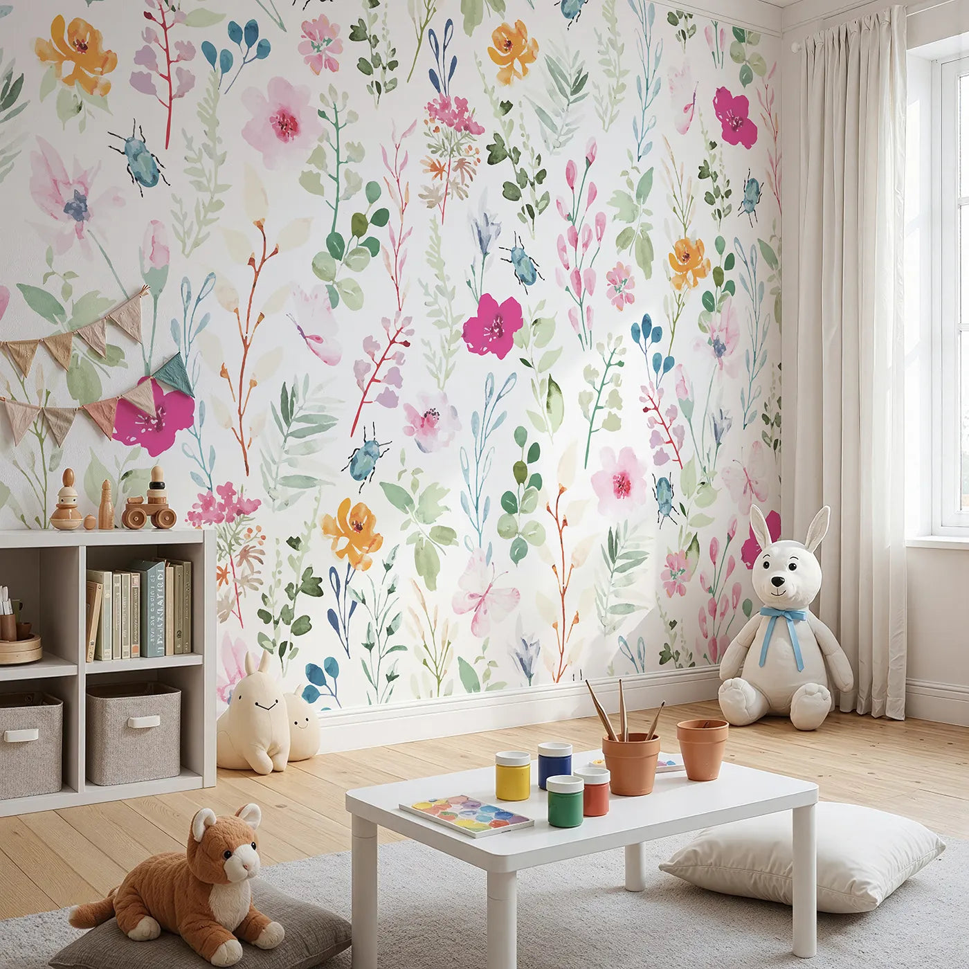 Angled view of Whimsy Tots' Watercolor Wildflower Bugs Wall Mural (Turn Their Room into a Gentle, Hand-Painted Meadow).Gender-Neutral